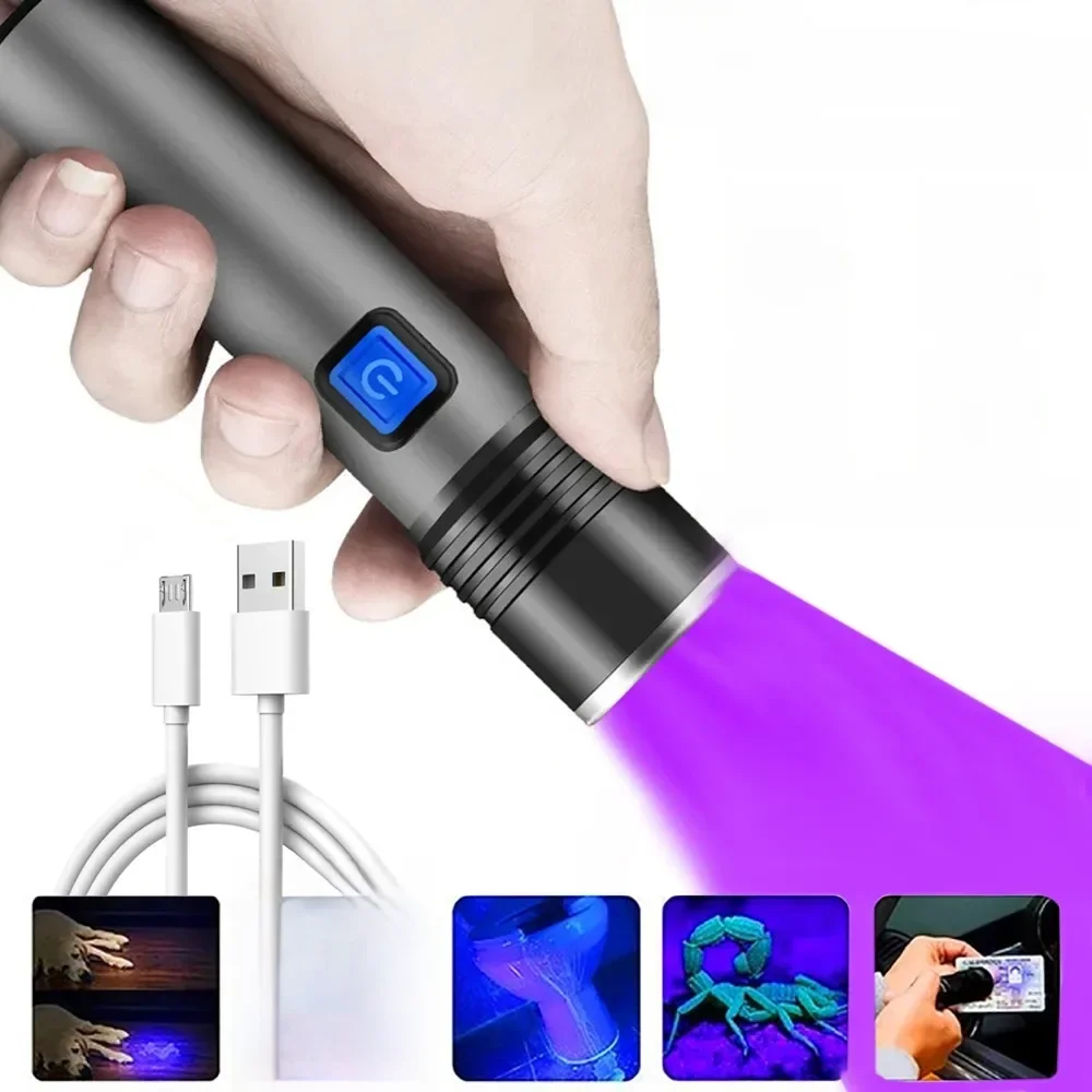 Lampe de poche UV 395nm, lumière noire, Zoomable, Rechargeable par USB, lampe de poche ultraviolette pour détecteur d'urine animale, durcissement de la résine