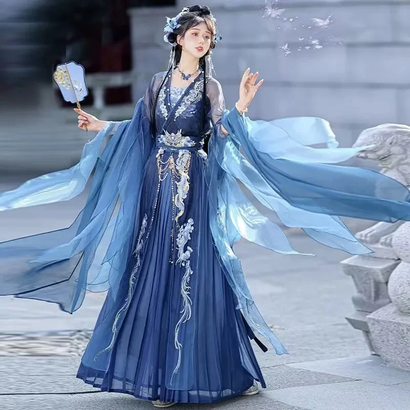 Nieuwe Hanfu Jurk Vrouwen Chinese Geborduurde Marine Hanfu Pakken Vrouwelijke Halloween Carnaval Fee Cosplay Kostuum Party Hanfu Jurk - afbeelding 2