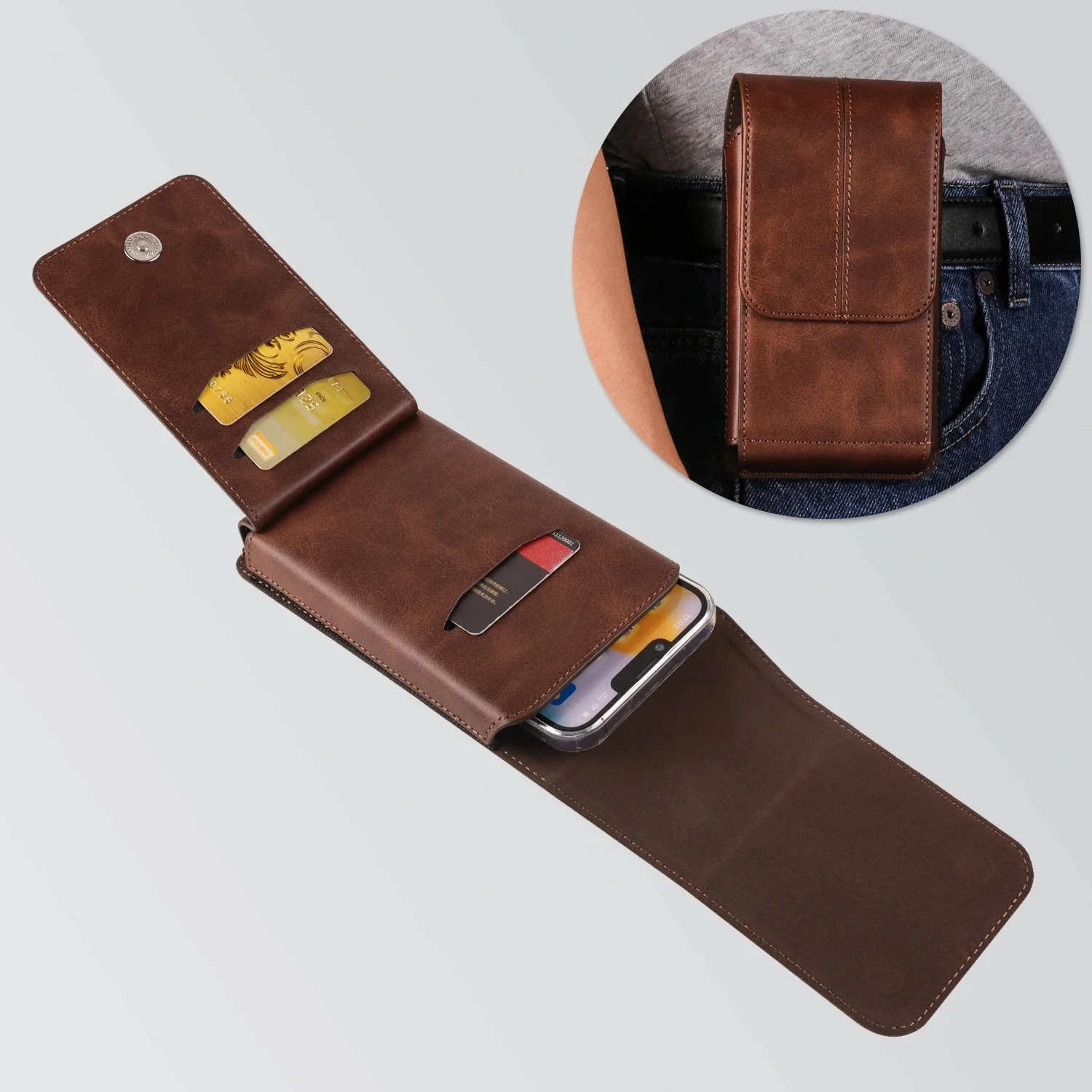 Etui na telefon z klapką ze skóry bydlęcej z klipsem do paska, męska torba biodrowa na iPhone 17 16 15 14 13 12 11 Pro Max 7 8 Plus, kabura, pokrowiec. — zdjęcie produktu 7