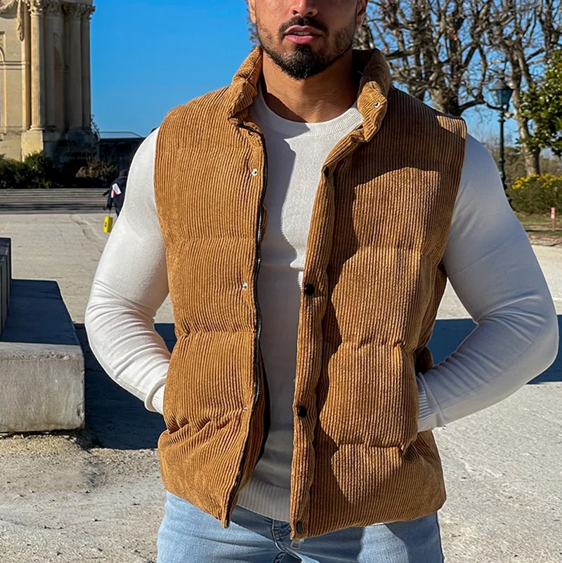 

DUYIT Solid Color Corduroy Single Breasted Stand Collar Vest Jacket Autumn/Winter New Casual Versatile Sleeveless Jacket Top Men