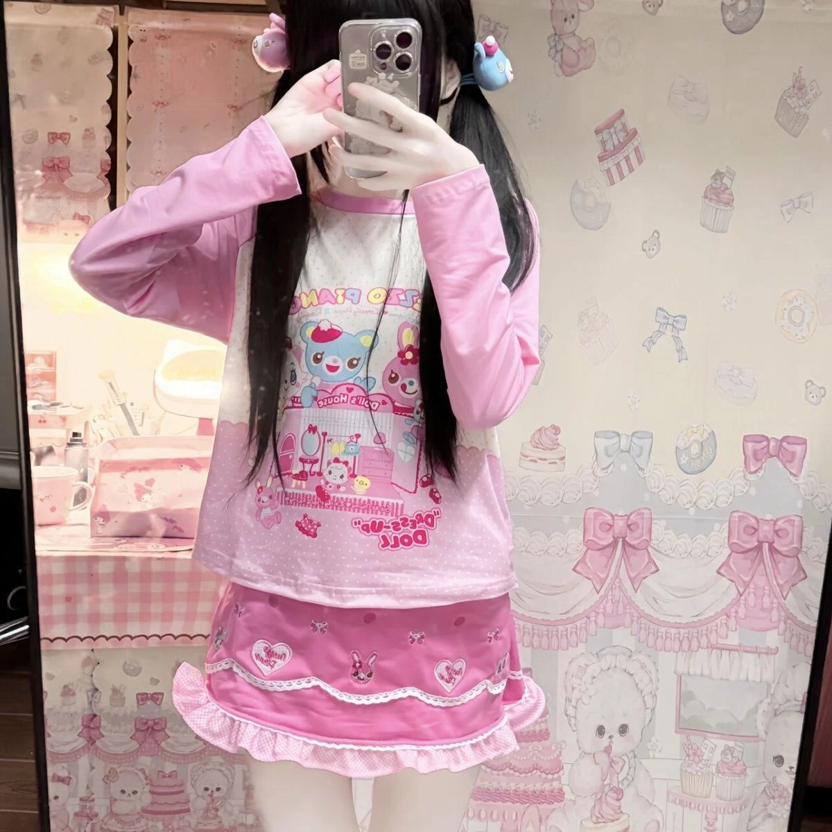 Japanisches Kawaii süßes Langarm-T-Shirt mit Vintage-Cartoon-Print, O-Ausschnitt, lässiges Oberteil, Streetwear, All-Match-Y2k-Ästhetik-T-Shirts – Detail 2