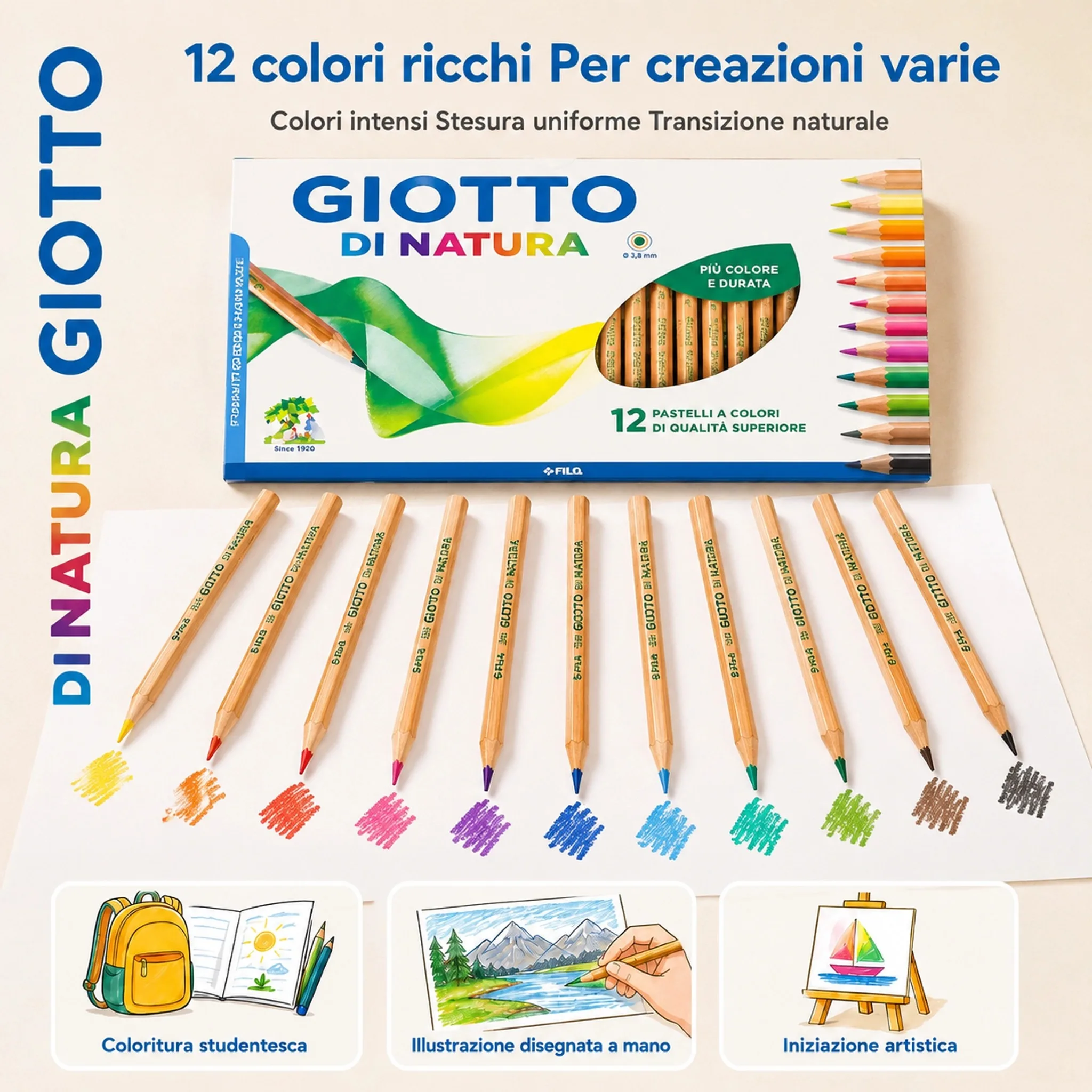 Nature's Toy-Set 12 Kleur Pastelstiften Natuurlijk Hout Mina 3.8mm