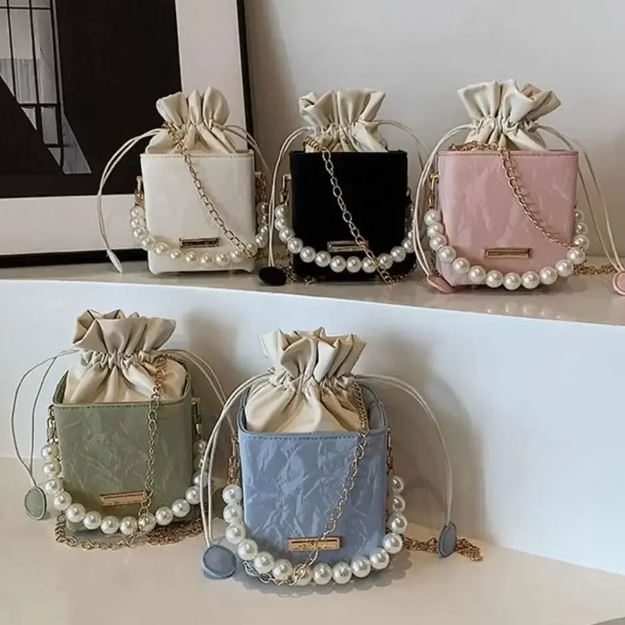 Perłowa torba na talię modna torebka z łańcuszkiem prezenty torebka na wszystkie mecze ze sznurkiem Vintage torebka na ramię Crossbody PU skóra mała torba kwadratowa — zdjęcie 2