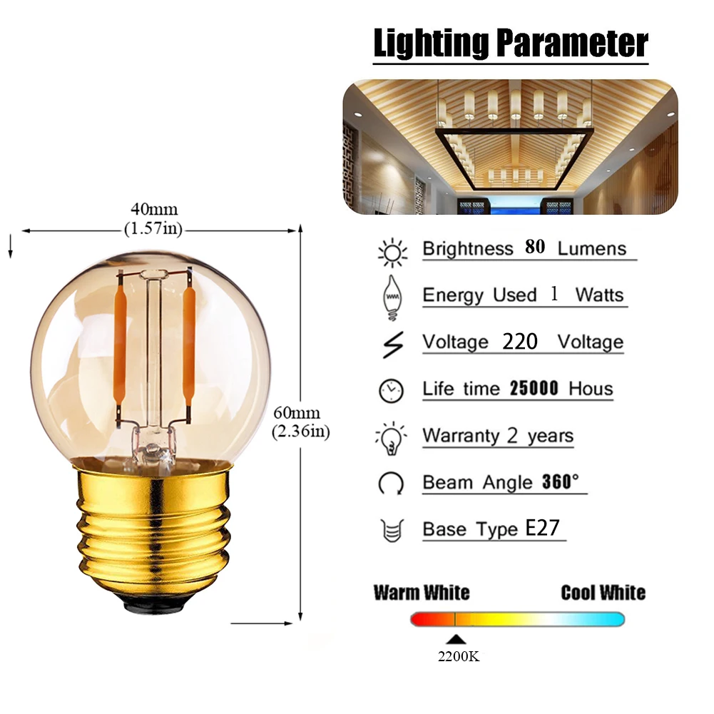 15pcs/lot Vintage LED Lights Bulb E27 Dimmable G40G 1W 2200K 220V LED Bulbs for House Retro LED Lights Decoration for Room