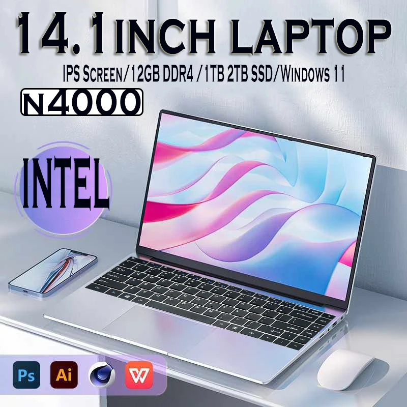 Draagbare laptops 14.1 ''Laptop Computer Intel Celeron N4000 Kantoorlaptop 12 GB DDR4 1 TB SSD Video Game laptops Windows 11 Pro