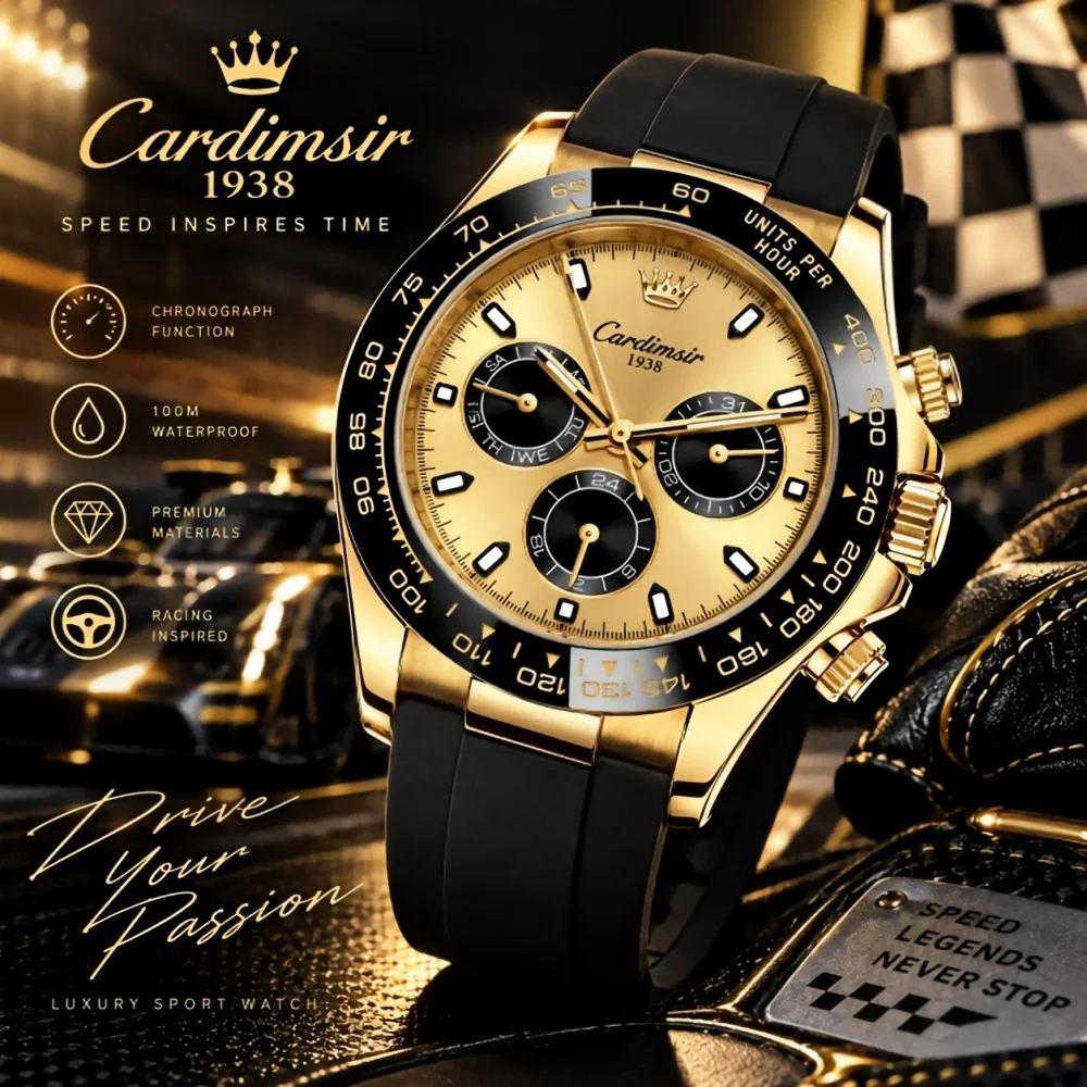 Cardimsir Men's Automatic Mechanical Watch Gold Chronograph Rubber Strap Luminous Waterproof Sports Wristwatch Male Fashion Gift