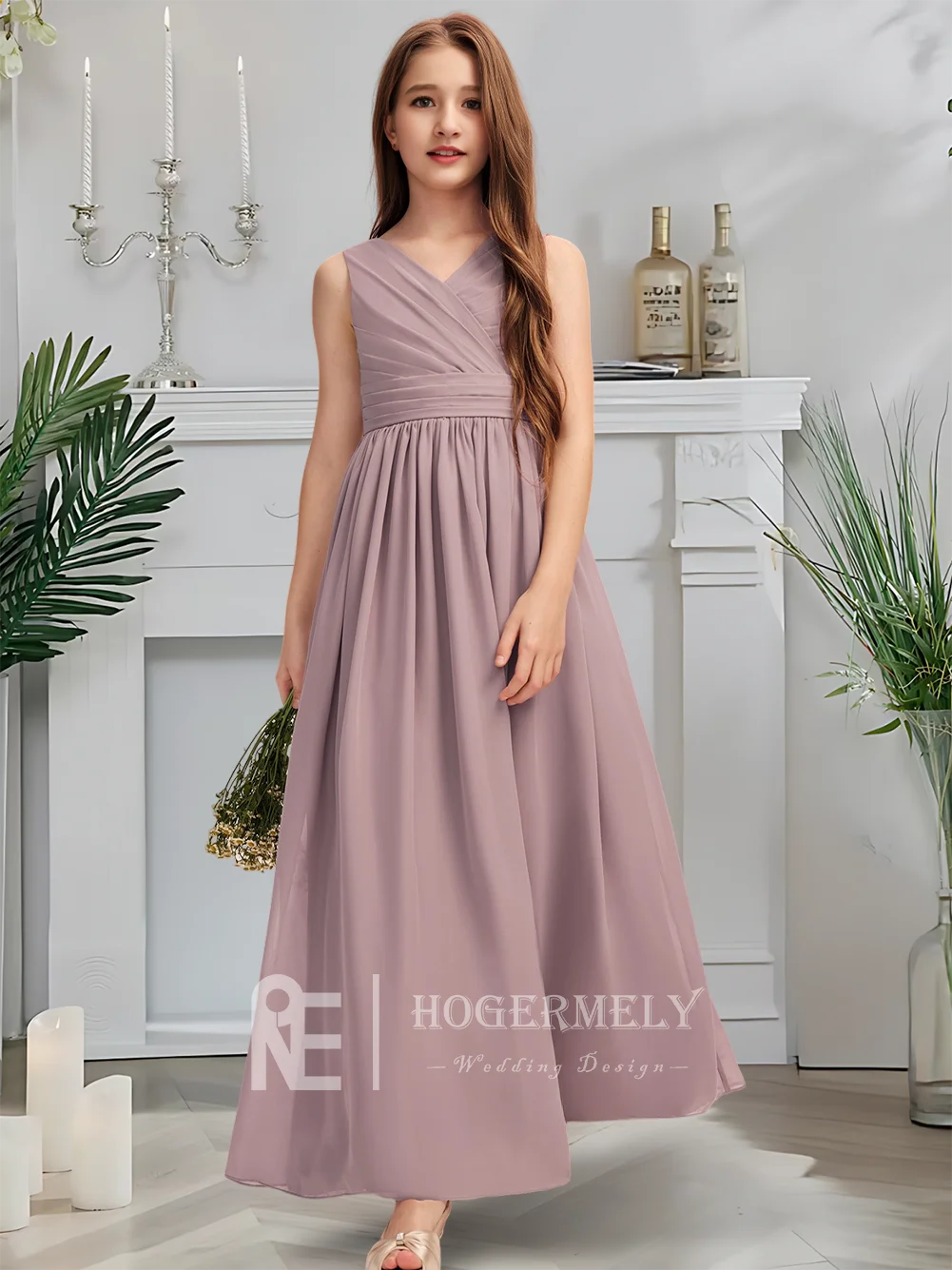 B V ネック ジュニア ブライズメイド ドレス トワイライト モーブ フラワー ガール ドレス フロアレングス シフォン カスケード リボン プリーツ 結婚式