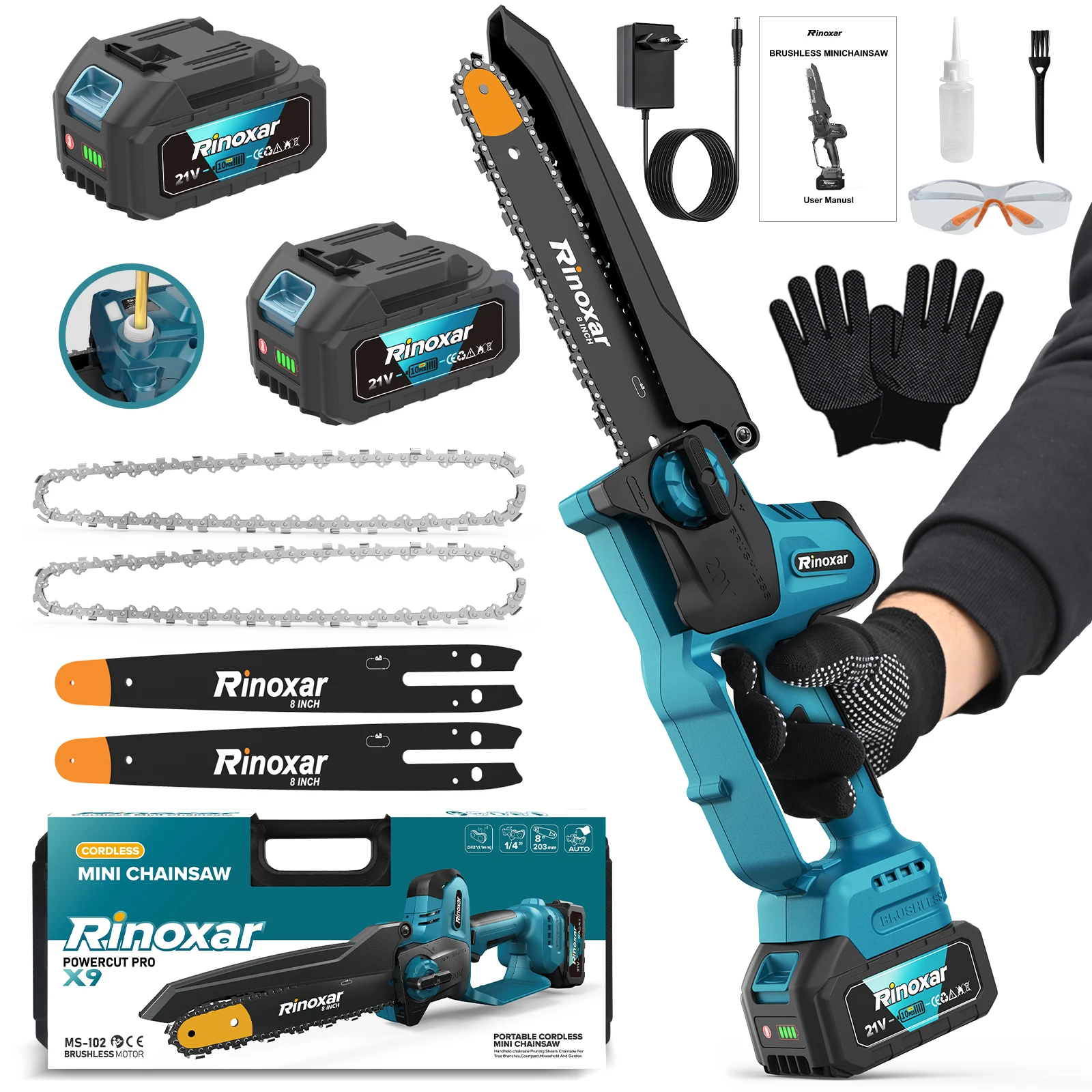 Mini Tronconneuse a Batterie pour l'Élagage, 8 Pouces Tronconneuse a Batterie avec 2 Batterie de 20V/4000mAh, 1300W Moteur sans Balais, Pompe à Huile Automatique, Pour le Jardinage