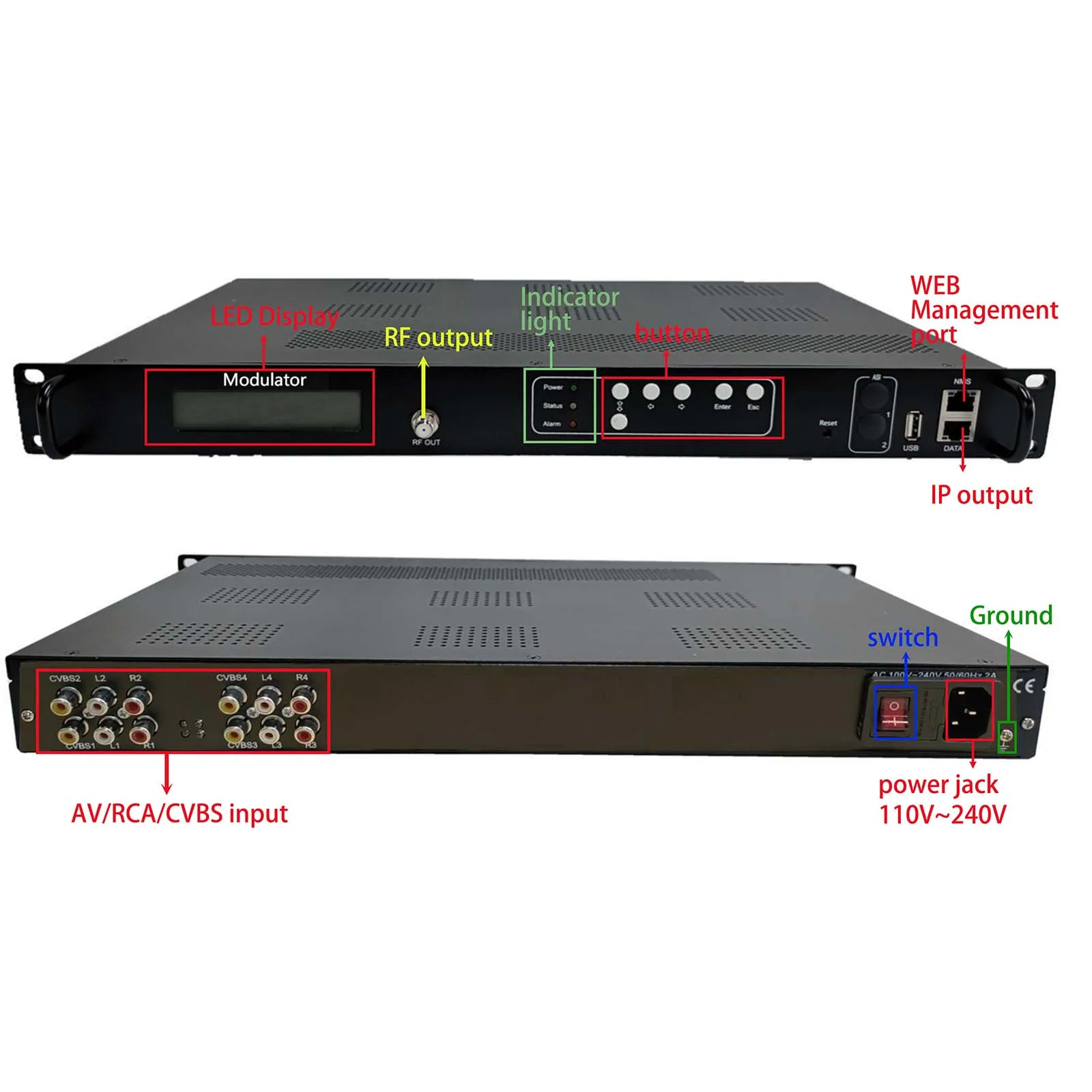 4 CVBS to SD RF modulator, AV/CVBS to DVB-T/C/ATSC/ISDB-T encoder modulator , MPEG2 video compression CATV modulator, digital SD