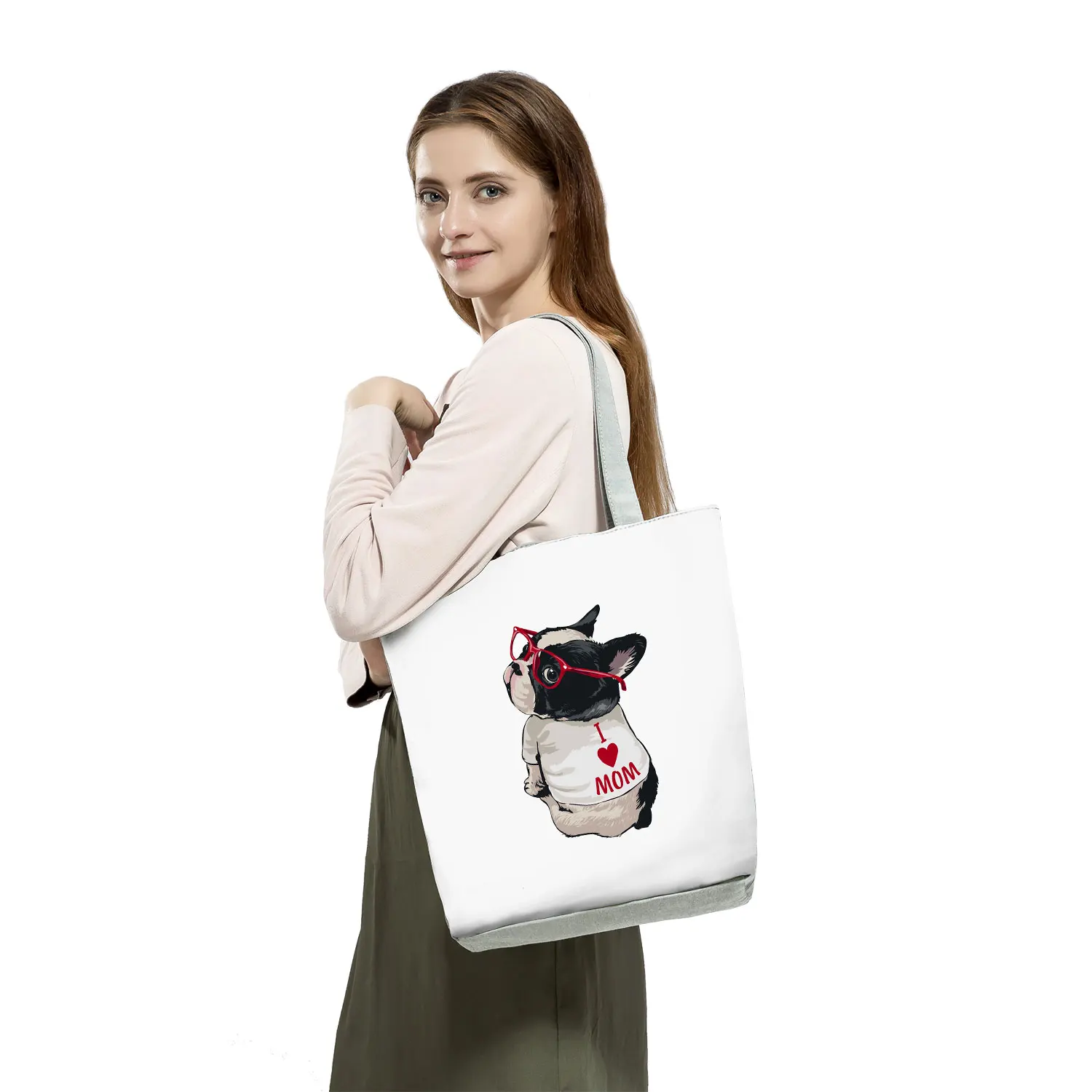 Handbags Shopper Bag French Bulldog Bull Terrier Print Kawaii Female White Tote Travel Shoulder Bag High Capacity Women Portable