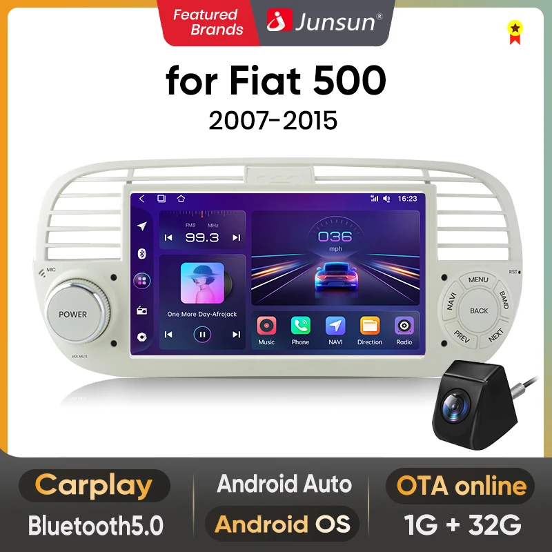 Junsun Android 13 Wireless Carplay Android Car Car Radio For FIAT 500 500C Abarth 2007-2015 With Camera DAB + OBD2 GPS Car Radio