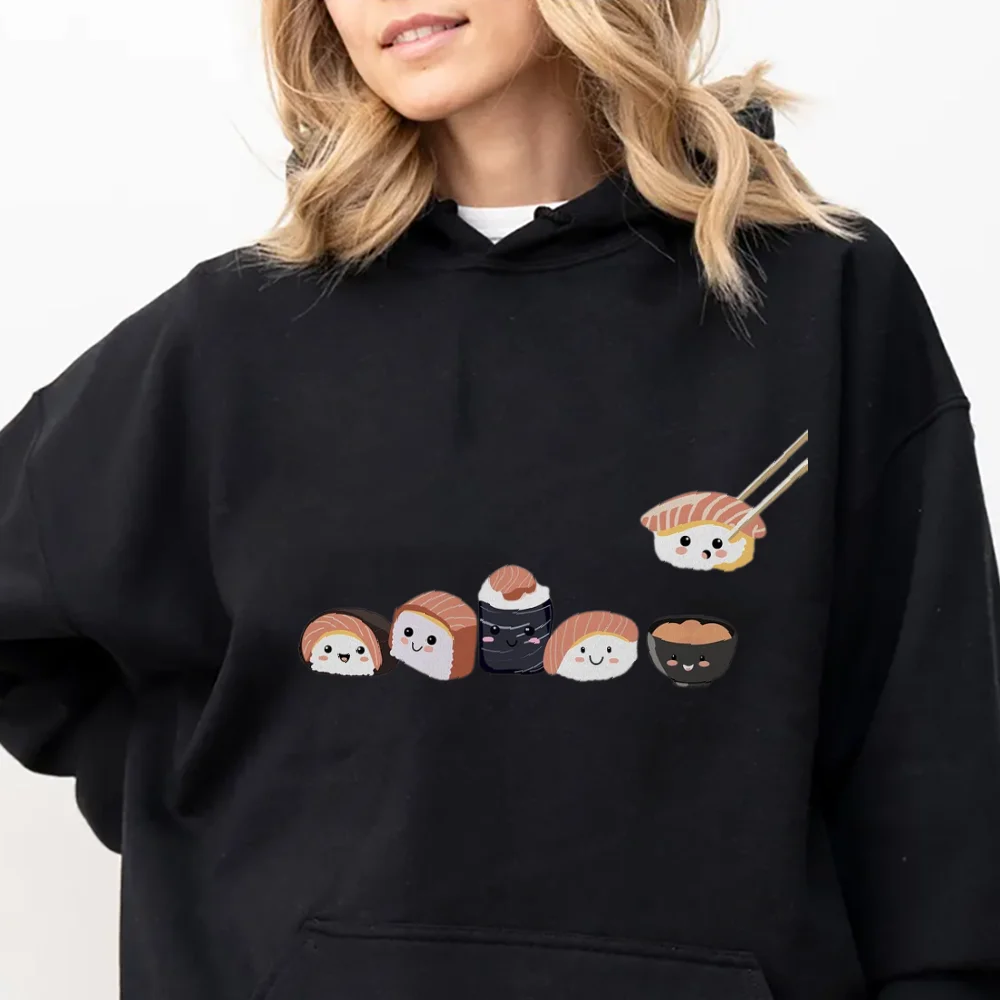 Cotton High Quality Hoodie Warm Clothing Trendy Casual Black Style Top With Cute Delicious Sushi Print Fashion Daily Wear