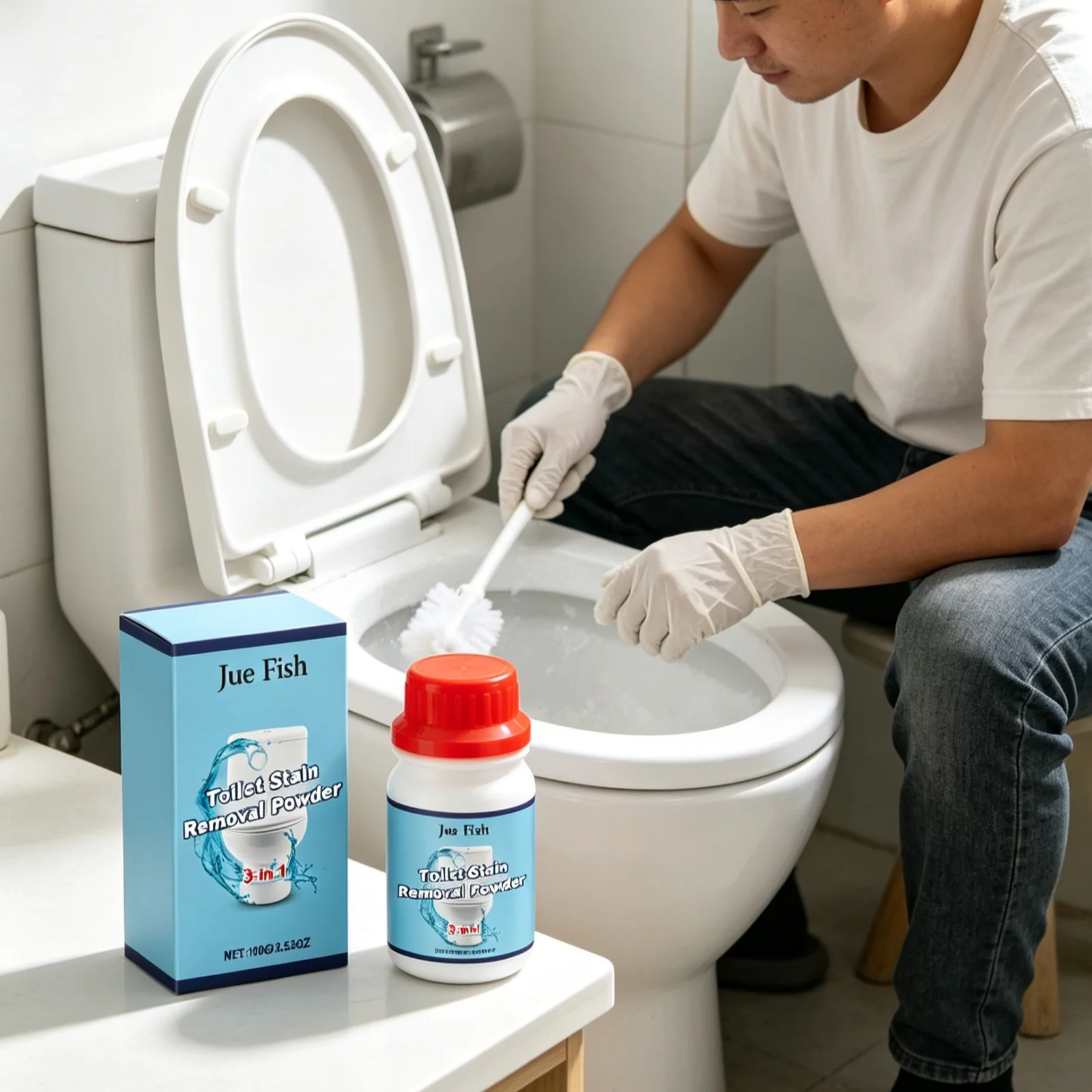 Jue Fish Toilet Cleaner Powder Deep Stain Removal Neutralize Odors Long Lasting Clean Protect Surface Toilet Descaling Powder