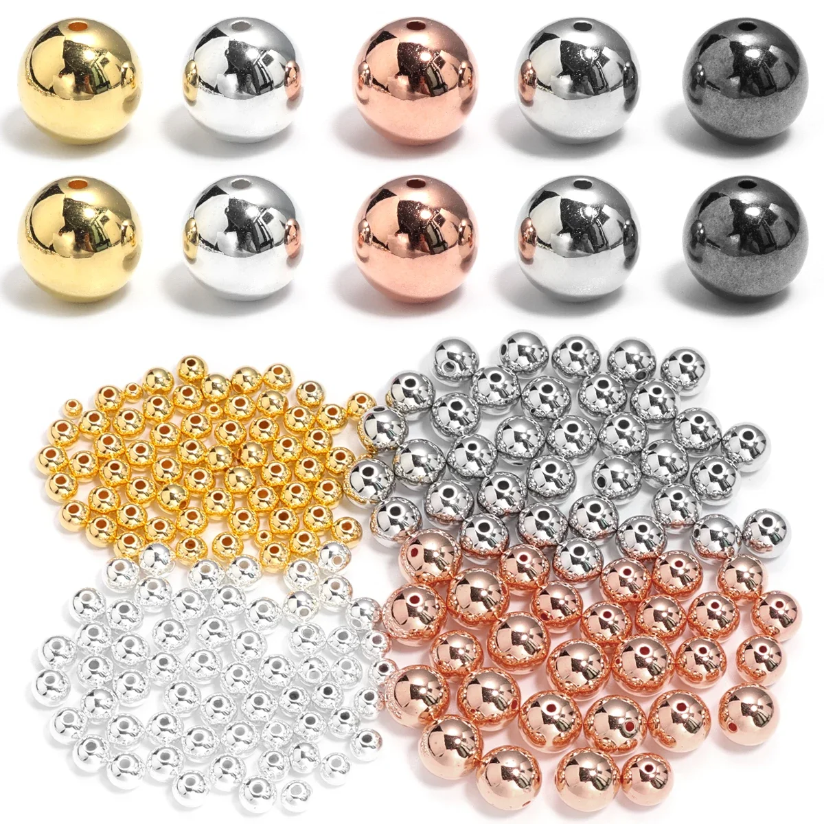 NONE Perles d'espacement rondes CCB dorées et argentées, 3-14mm, boule lisse adt pour bracelet, bijoux de bricolage, accessoires de direction 3