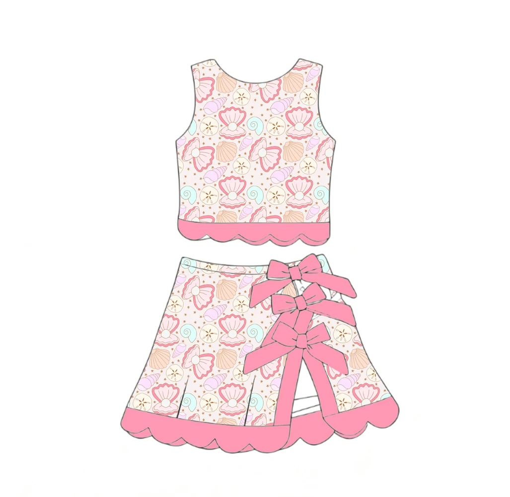 Boutique children's sets tank top paired with short skirt bow decorated scalloped edge beach series print wholesale