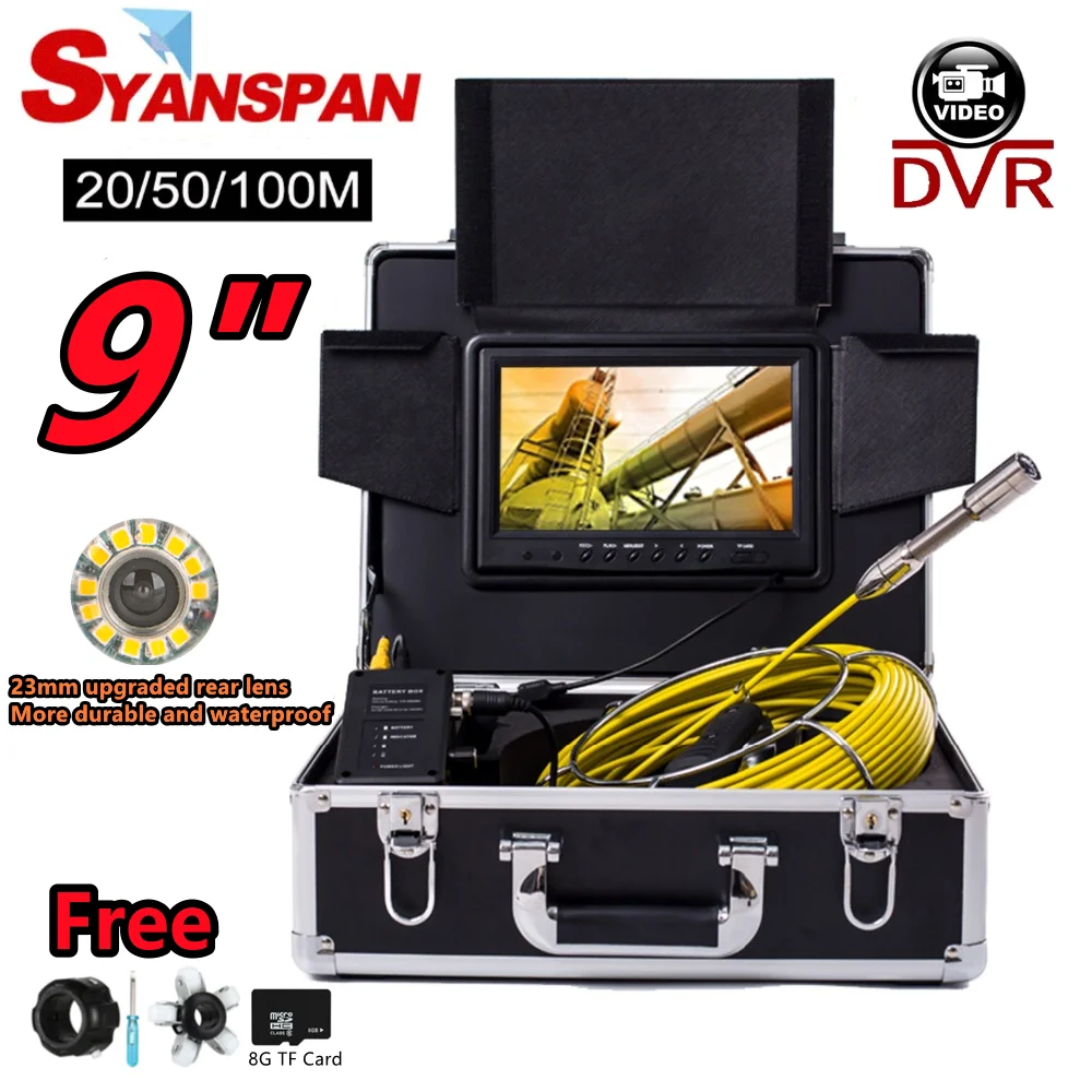 

SYANSPAN 9" DVR Screen 8GB Card Pipe Inspection Camera 4500mAh,Drain Sewer Pipeline Industrial Endoscope IP68 Waterproof Video