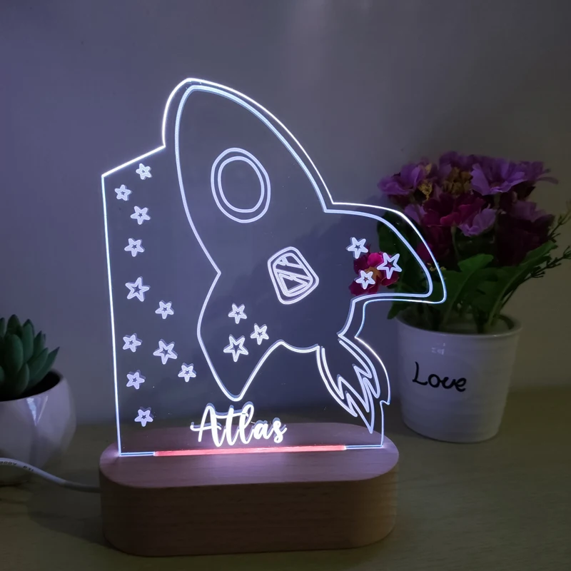 Personalizowana lampka nocna LED z motywem rakiety do pokoju dziecięcego, imię klienta, akrylowa lampka nocna