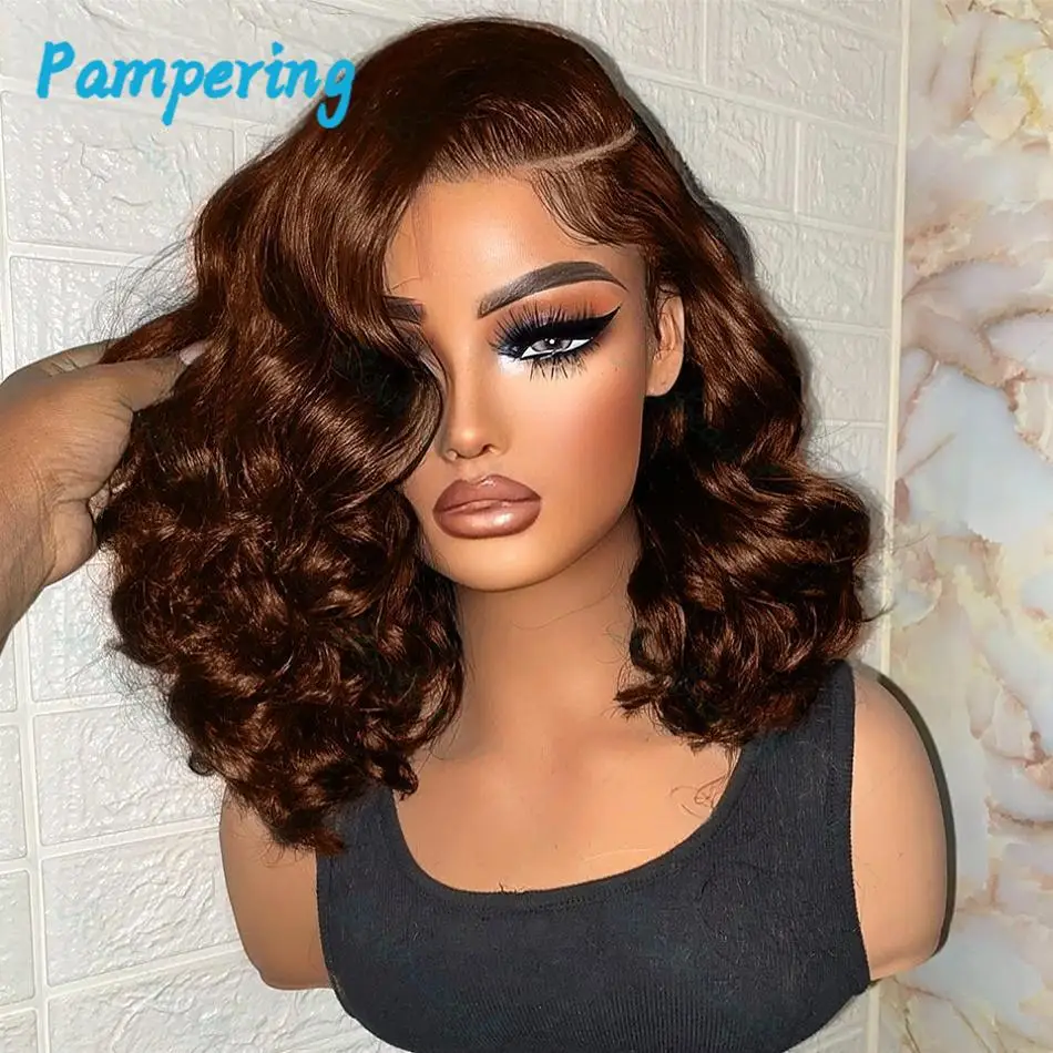 Chocolate Brown Body Wave Bob Wig 13x5 Transparent Lace Frontal Wig Brazilian 2# Color 13x4 Lace Front Human Hair Short Bob Wigs