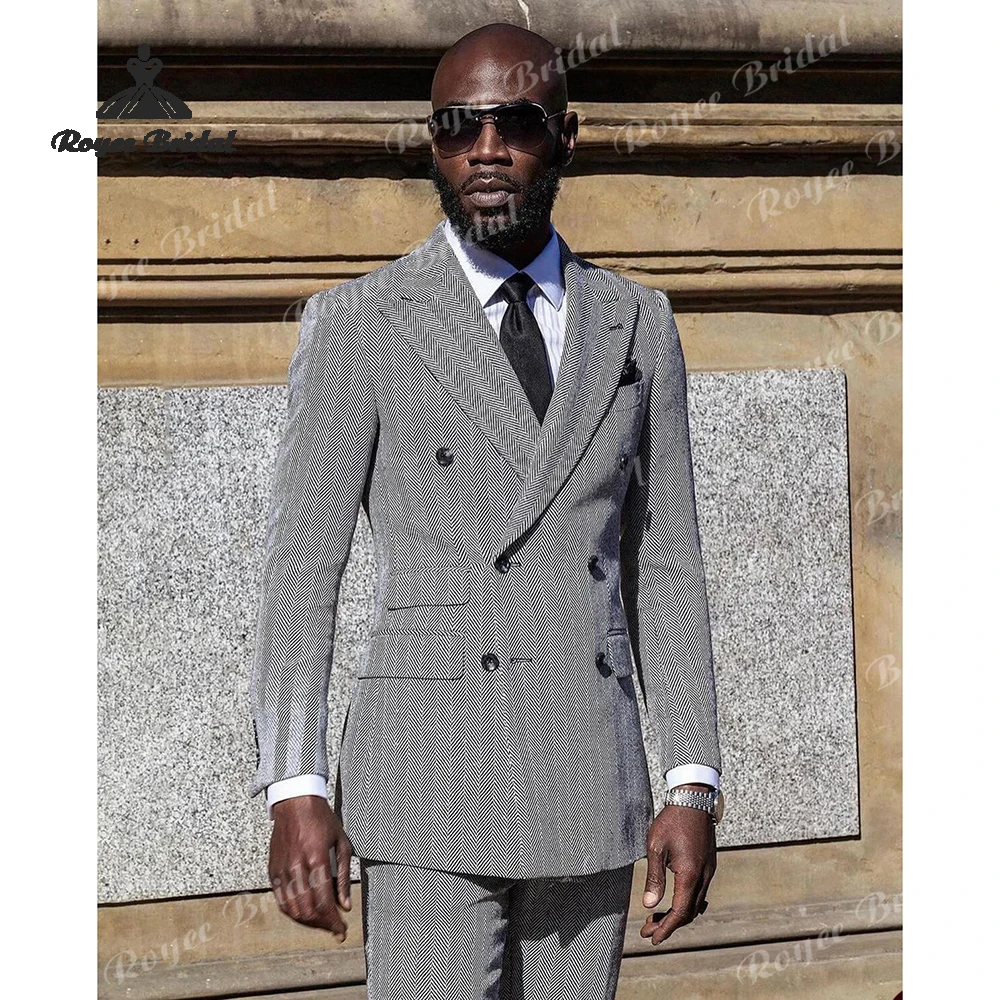 Herringbone Two Piece Double Breasted  Men's Suit Wedding 2026 Notch Lapel Slim Fit Business Suit costume homme mariage