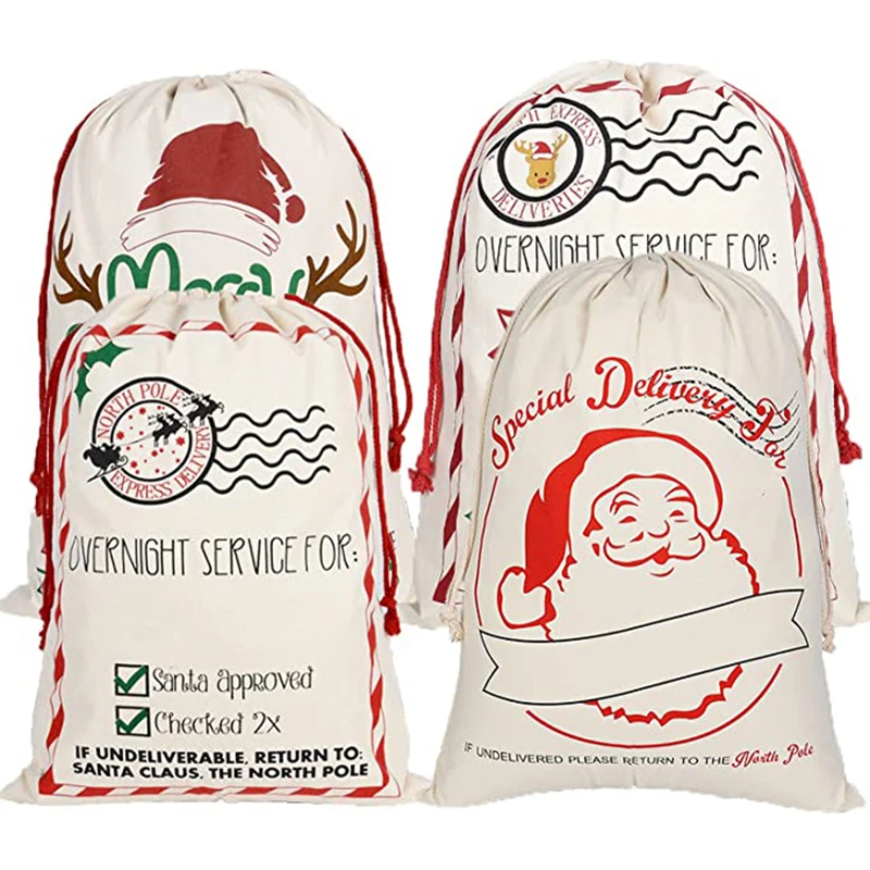 

50Pcs Bulk Christmas Gift Bag Canvas Santa Sack Xmas Tree Ornament Candy Cookie Storage Bag Portable Party Supplies For New Year