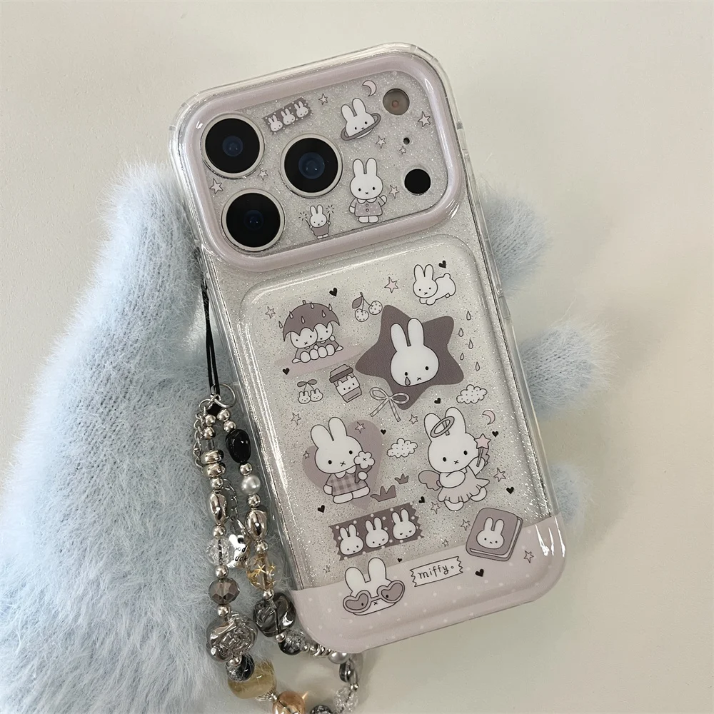 Modne, urocze etui na telefon z brokatem i króliczkiem Miffy do iPhone 17 16 15 17 Pro 16 Pro 15 Pro Max z łańcuszkiem, kawaii, odporne na wstrząsy. — zdjęcie produktu 3