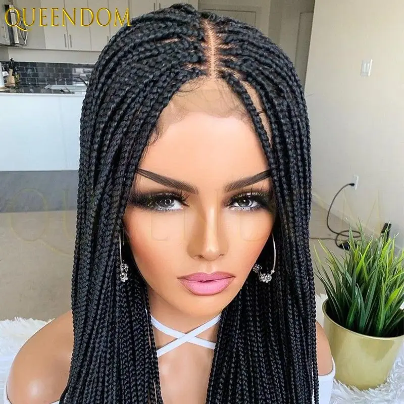 الاصطناعية صندوق طويل شعر مستعار مضفر كامل الدانتيل الجبهة للنساء السود Cornrows الضفائر المخلوطة الدانتيل الجبهة تجديل شعر مستعار #1