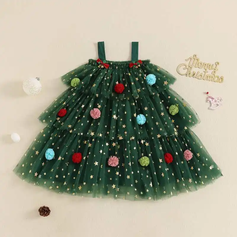 Christmas Baby Girls Dresses Princess Kids Party Clothes for Girl Star Print Sleeveless Layered Tulle Dress with Ball