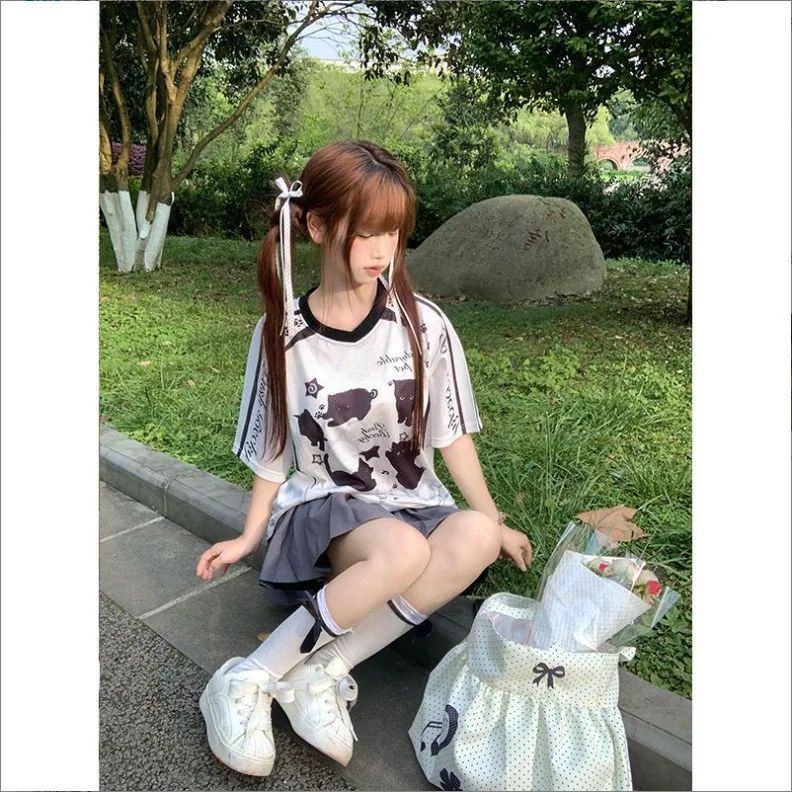 2026 Y2K Subculture Cartoon Cat Mesh V‑Neck T‑Shirt Unisex Casual Harajuku Summer Loose Street Sport Jersey Short Sleeve Top
