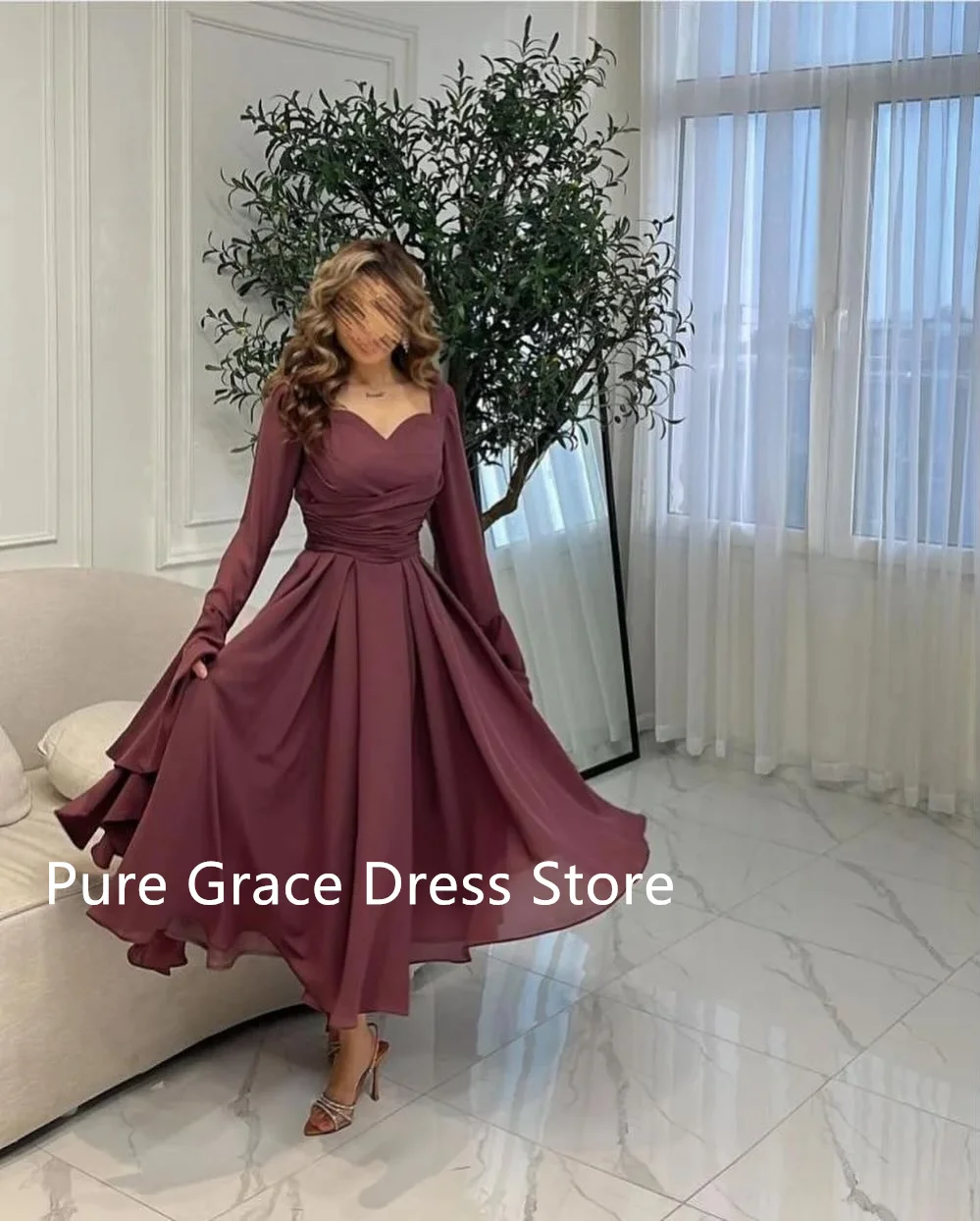 

Burgundy Chiffon Evening Dresses Long Sleeve V Neck Prom Dress Arabian Dubai Formal Party Gowns Ankle Lengt Formal Vestidos 2024