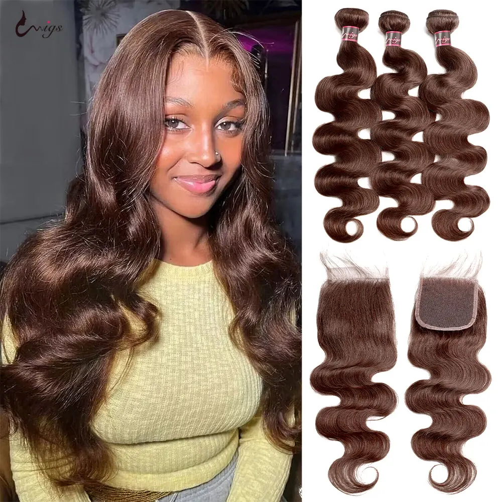 4# Brown Bundles With Closure Body Wave Bundles With 4x4 Transparent Lace Closure Chocolate Colored Brazilian Hair Extensions