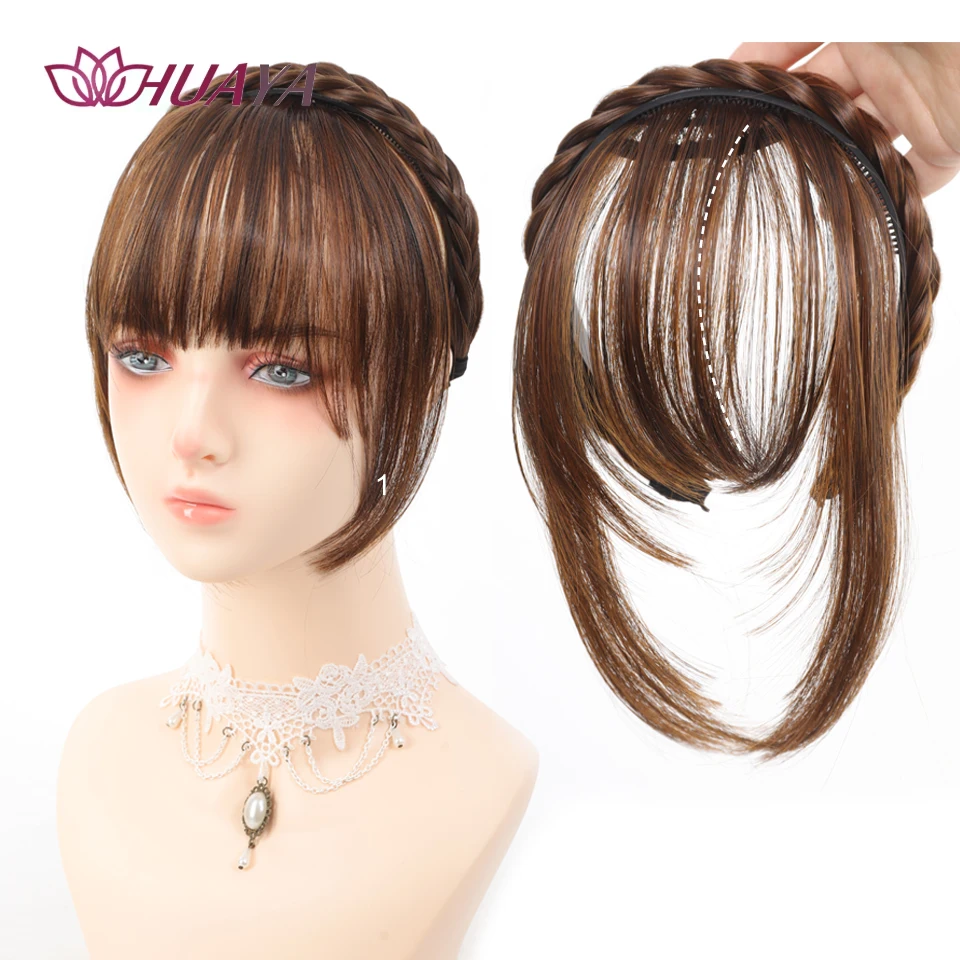 Synthetic Headband Bangs Extension Fake Hair Blunt Fringe  Long Sides For Women Natural Flase Black Brown Braided Headband Bang