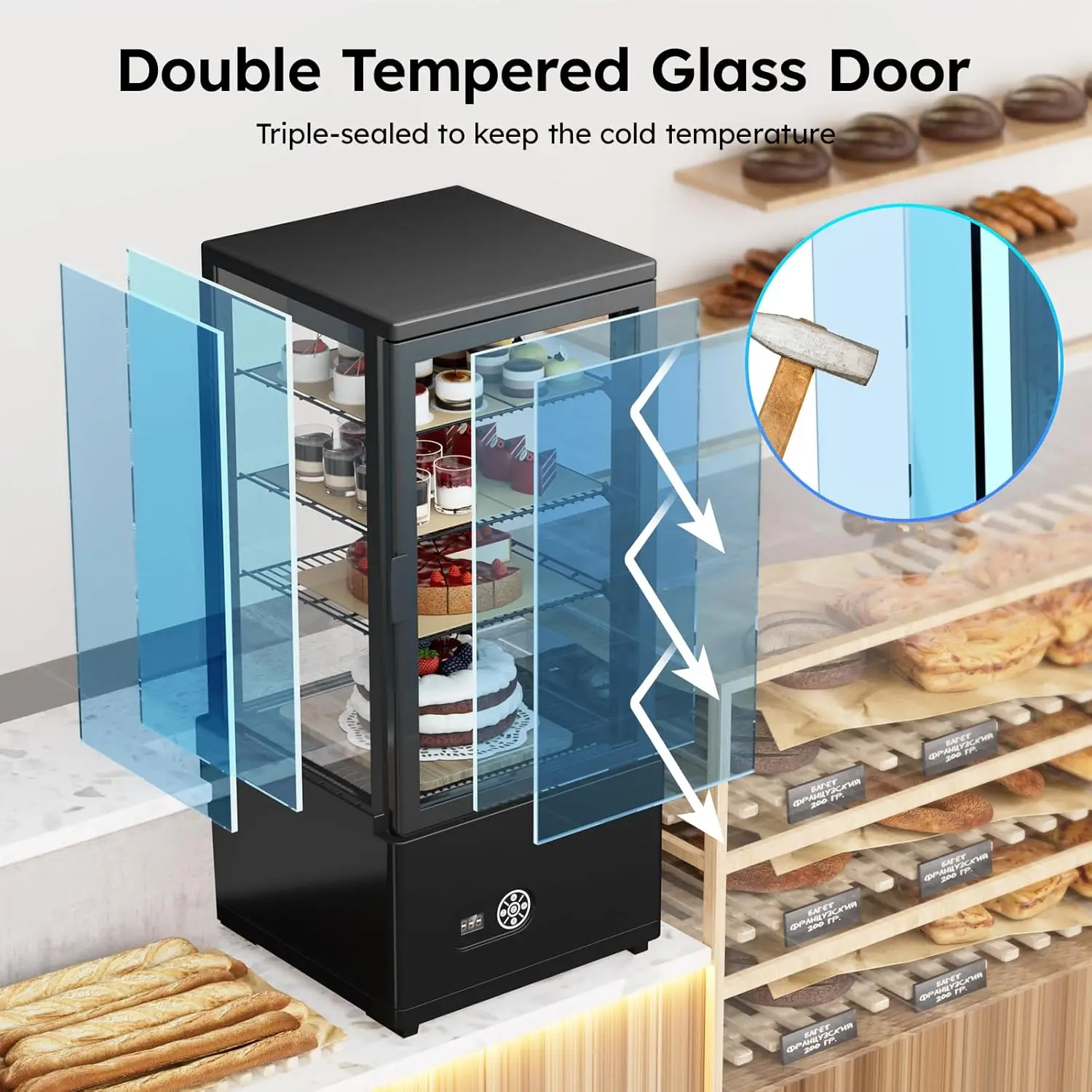 Commercial Display Refrigerator, 3 Cu. FT (86 L) Cake Display Case with LED Lighting | Double-Layered Glass | Automatic Defrost | Commercial Display Fridge for Home, Store and Coffee, Bakery, Black