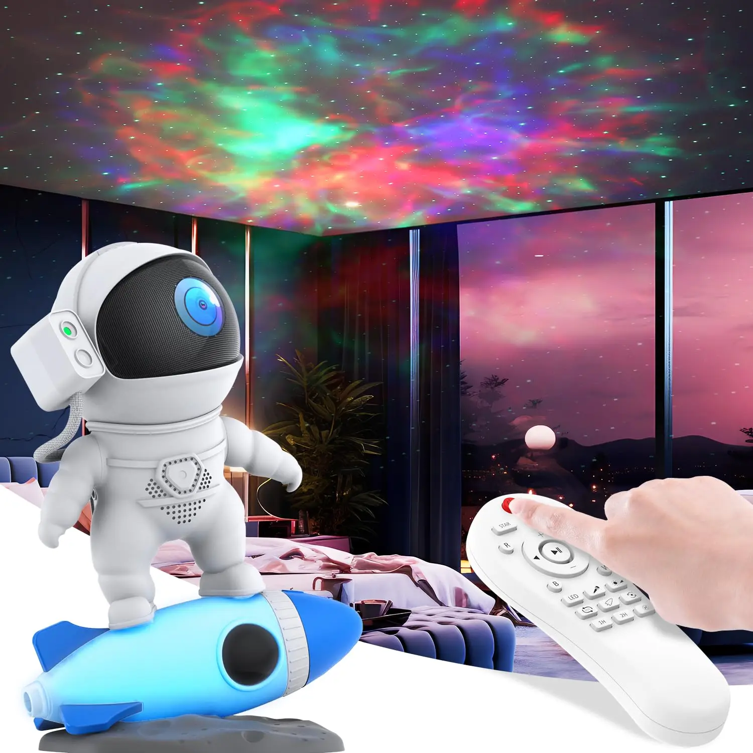 AstronsomSpace-Projecteur Étoile Galaxie, Veilleuse avec Minuterie et Télécommande, Fusée, Veilleuse pour Chambre d'Enfant