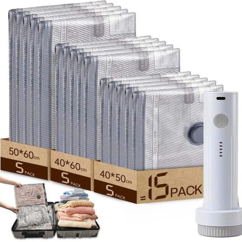 Vakuumbeutel für Reisen mit Aufladbarer Luftpumpe, Handgepäck-Größe Kompressions-Packbeutel für Gepäck und Koffer, Platzsparer