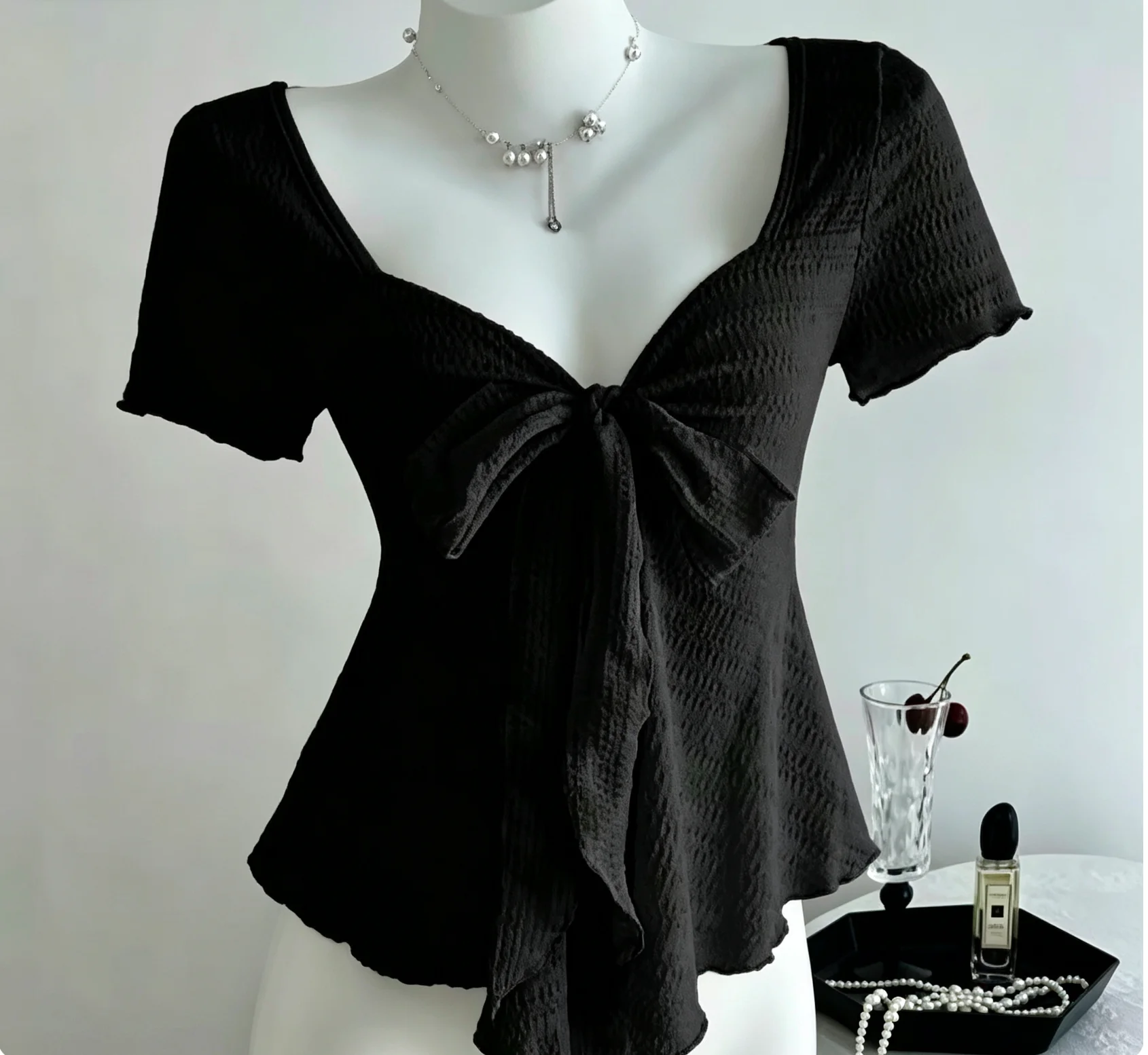 Women's Sweetheart V-Neck Short Sleeve Blouse Front Big Bow Tie Ruched Textured Slim Fitted Peplum Crop Top for Casual Occasions view 3