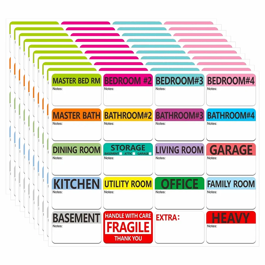200 Uds. Etiquetas de caja móvil pegatinas de nombre de habitación para organización de embalaje dormitorio cocina baño garaje almacenamiento frágil pesado