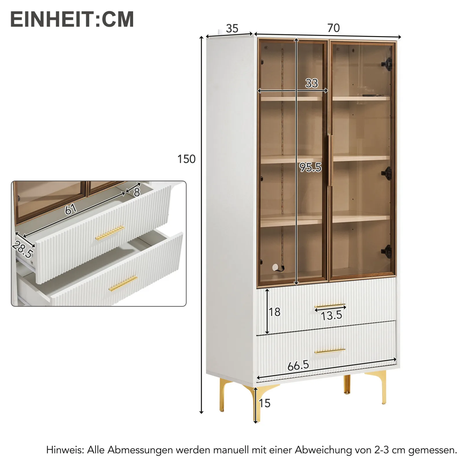 Comanlai glazen vitrinekast met vier niveaus, stofdichte glazen kast, met opbergruimte, LED-verlichting, glazen deuren, slimme sensoren