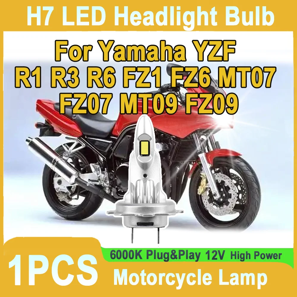 1PCS H7 LED Headlight 60W High Power Motorcycle Light 6000K Plug&Play 12V For Yamaha YZF R1 R3 R6 FZ1 FZ6 MT07 FZ07 MT09 FZ09