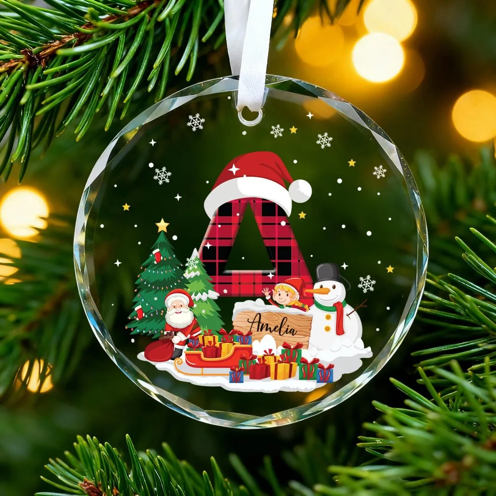 Custom Monogram Christmas Tree Ornament Round Clear Acrylic Pendant, Santa Hat Alphabet Design Winter Holiday Home Decoration.
