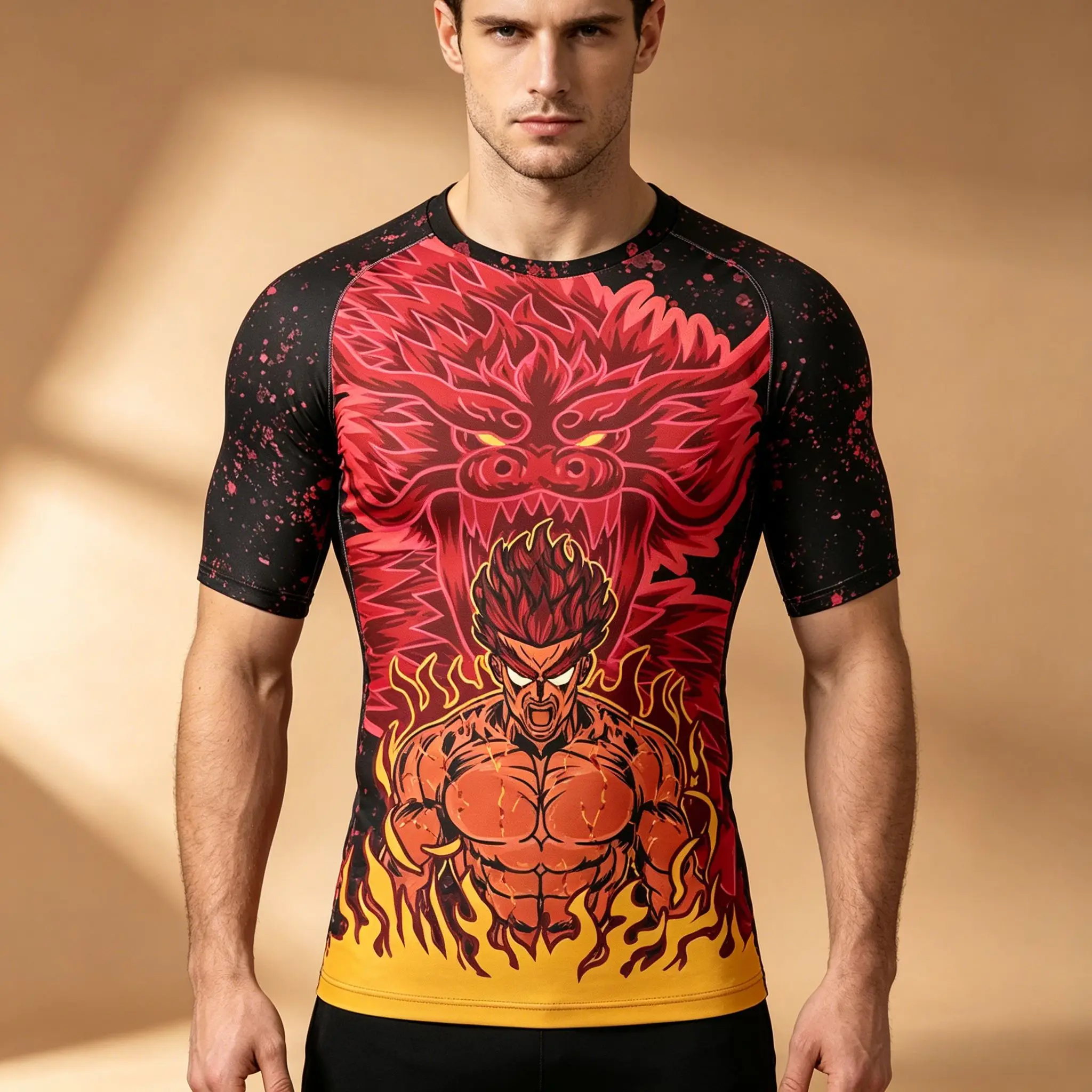 Herren Naruto Might Guy Eight Gates Dragon Doppelseitiges Kompressions-Rashguard Anime Workout Kurzarm-T-Shirt