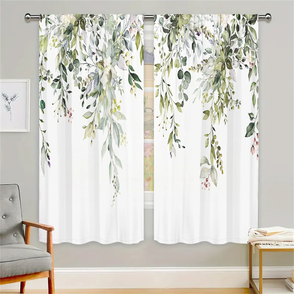 2pcs עלים ירוקים טרי וילונות צבע מים דפוס צמח סלון חדר שינה עיצוב וילונות וילונות סגנון יער טבעי וילונות