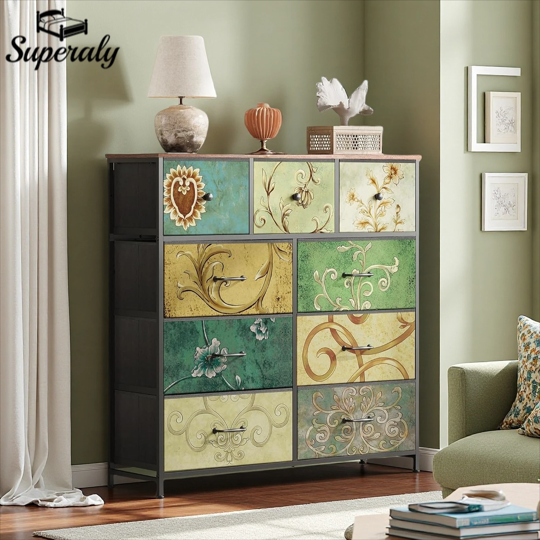 Commode rétro Superaly avec 9 tiroirs en tissu, structure métallique et plateau en bois, armoires de rangement pour salon