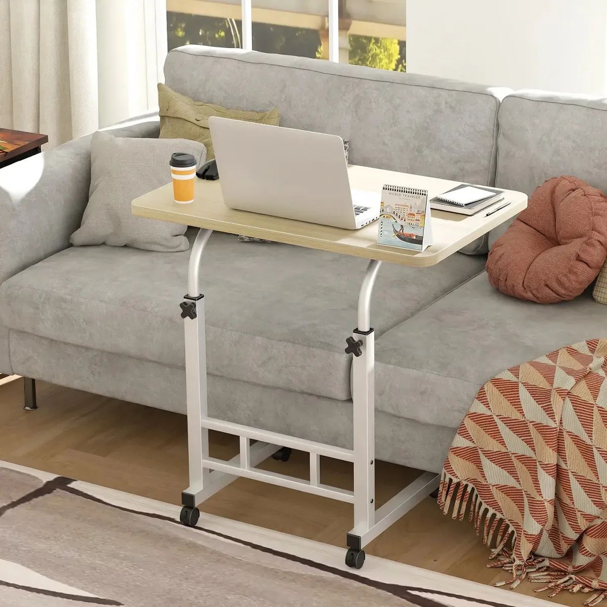 Mesa Auxiliar Móvil con Ruedas y Altura Regulable 70-90cm, Mesa Elevable para Laptop 60×40cm, Escritorio Sentado/De Pie Multiuso para Hogar y Oficina