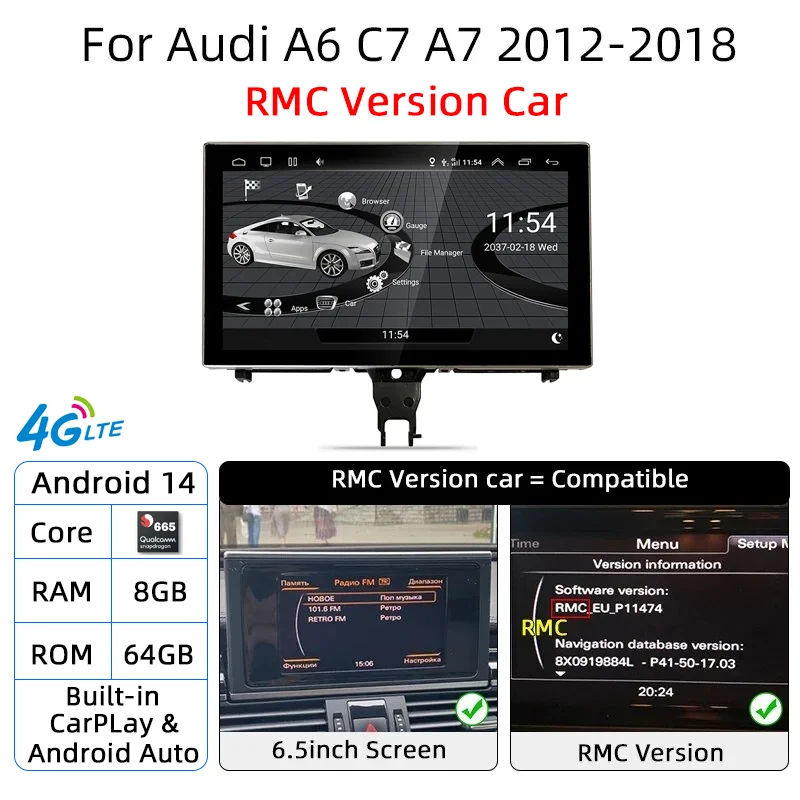 Android 14 Carplay Auto Multimedia Speler Voor Audi A6 C7 A7 2012 ~ 2018 Touchscreen 4G Muziek Stereo GPS Navi 8 + 256 GB Auto Radio