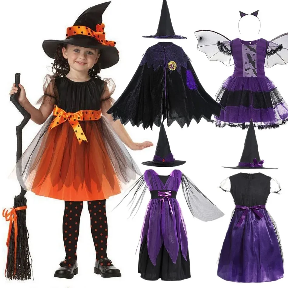 Costume de Sorcière pour Fille, Robe de Magicien de Conte de Fées, Vêtements d'Halloween, Citrouille, Chauve-Souris, Araignée, Tenue de Cosplay, 2-15T