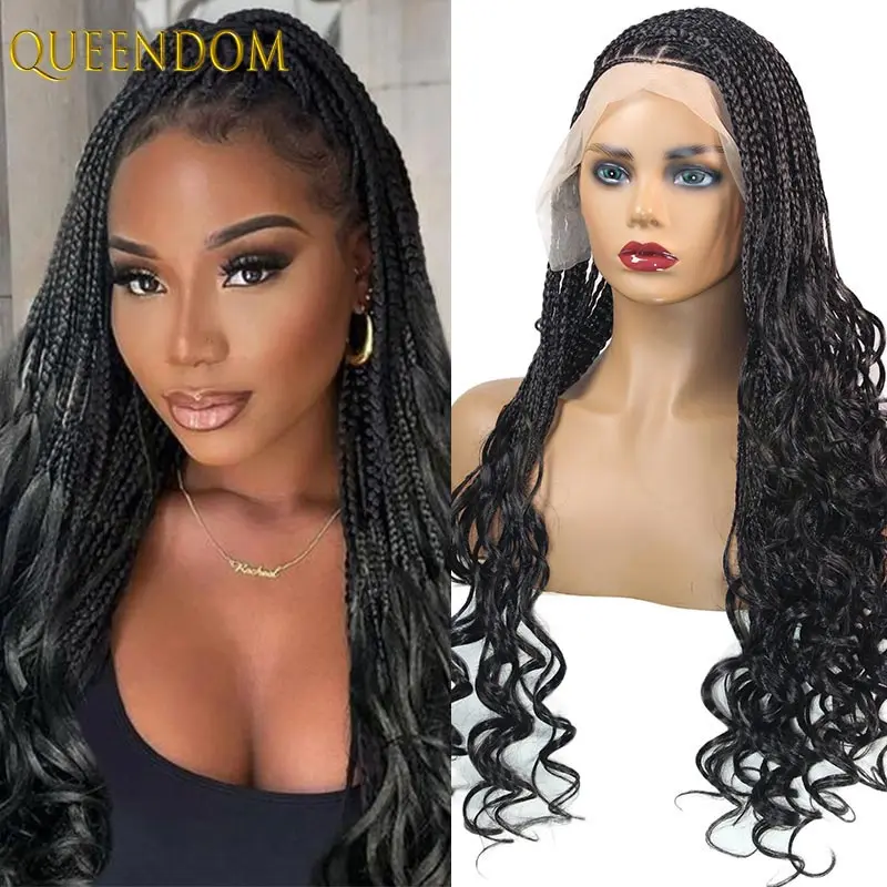 

Synthetic #1B30 Ombre Full Lace Braided Wigs With Curly Knotless Box Wavy Braided Lace Wig with Baby Hair for Black Women