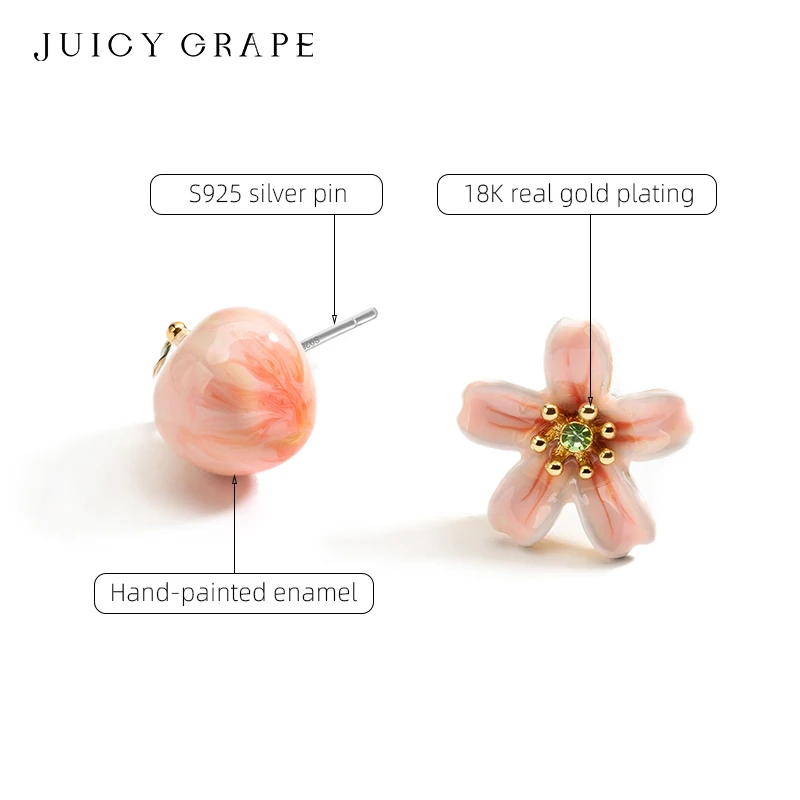 Juicy Grape Peach Flower Earrings 925 Silver Pin Handmade Enamel Necklaces Pink Copper Plated 18K Gold  For Girl Trendy Jewelry