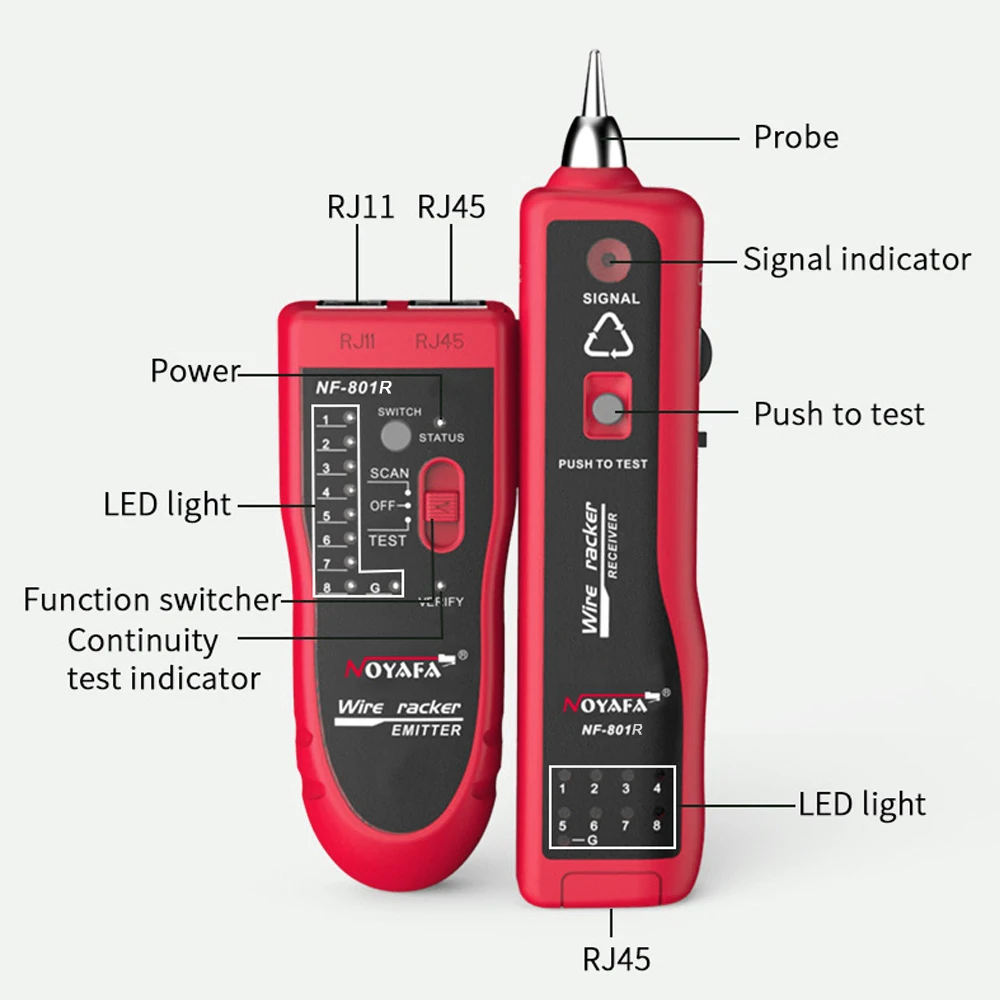 Imagem -02 - Noyafa Nf801r Cabo de Rede Verificador Ethernet Lan Telefone Fio Tracer Rj45 Rj11 Linha Finder com Iluminação Led Suportar Tensão