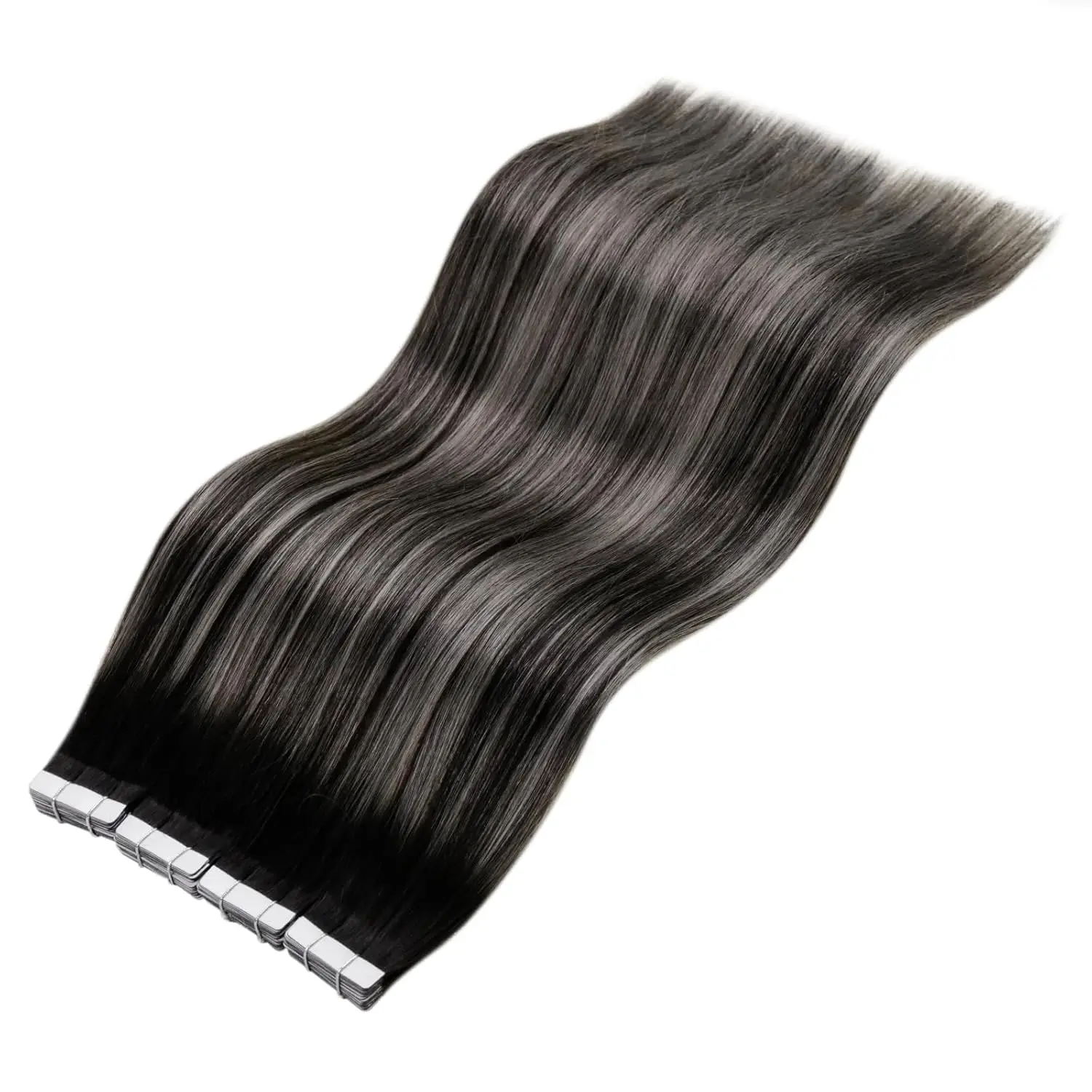 Laavoo 100% Human Hair Extensions Tape in Straight 40Pcs Glue on Double Sided Tape Hair Remy Brazilian Human Hair Tape on Hair