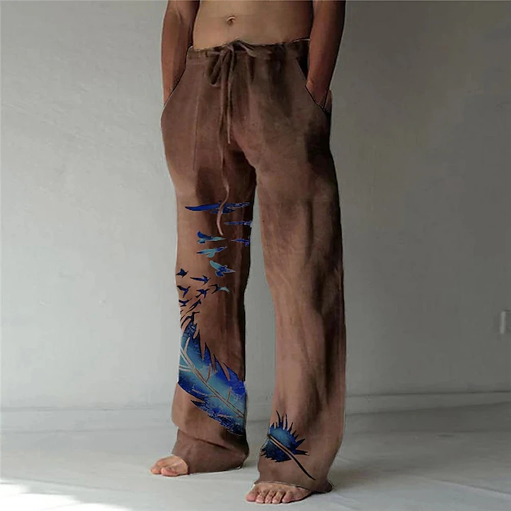 Men\'s Trousers Summer Pants Beach Pants Pocket Drawstring Elastic Waist Feather printing Breathable Lightweight Casual Trousers